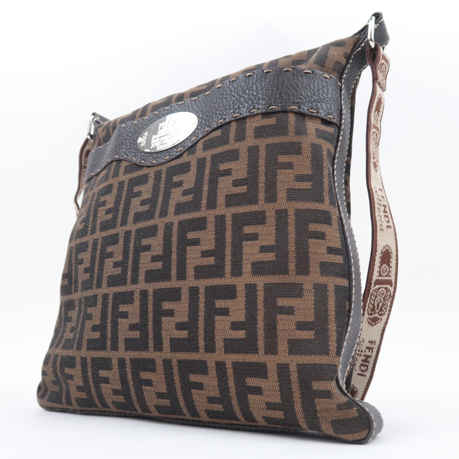 FENDI Selleria Zucca Canvas Leather Shoulder Bag Brown Black 8BT109