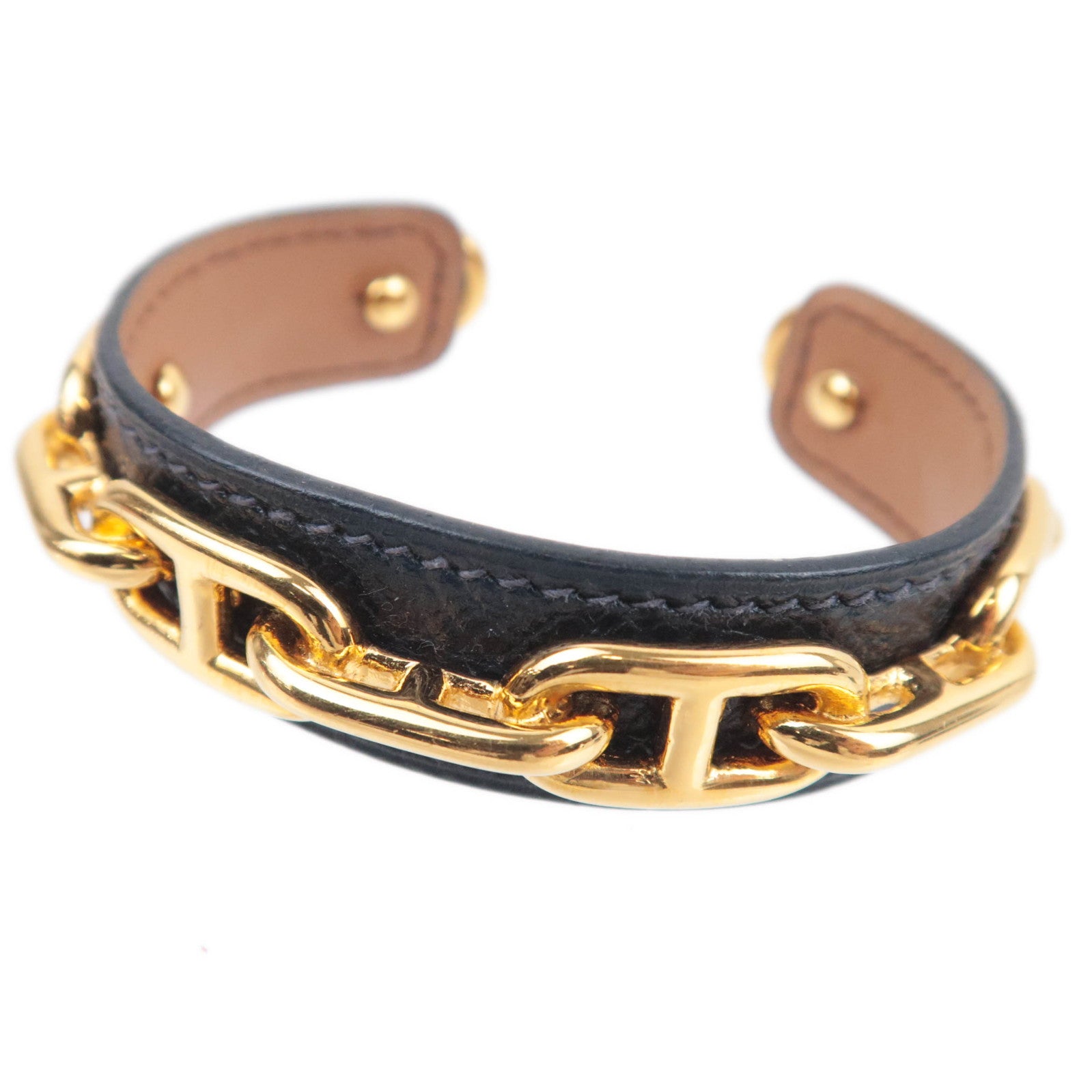 HERMES Chaine D'Ancre Leather Bangle Black Gold   90582