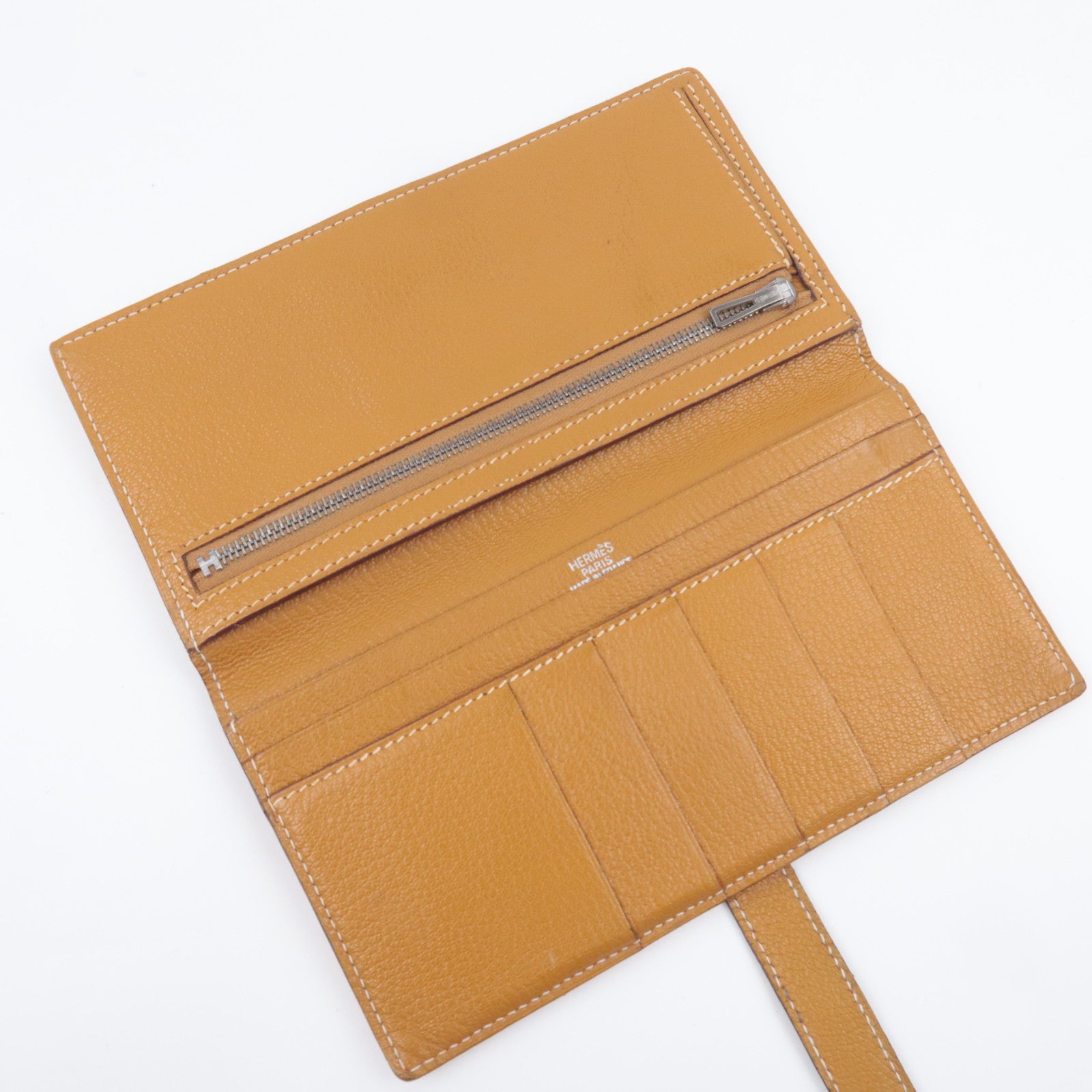 HERMES Bearn Classic Leather Long Wallet □I Stamp (2005) Brown Silver HDW