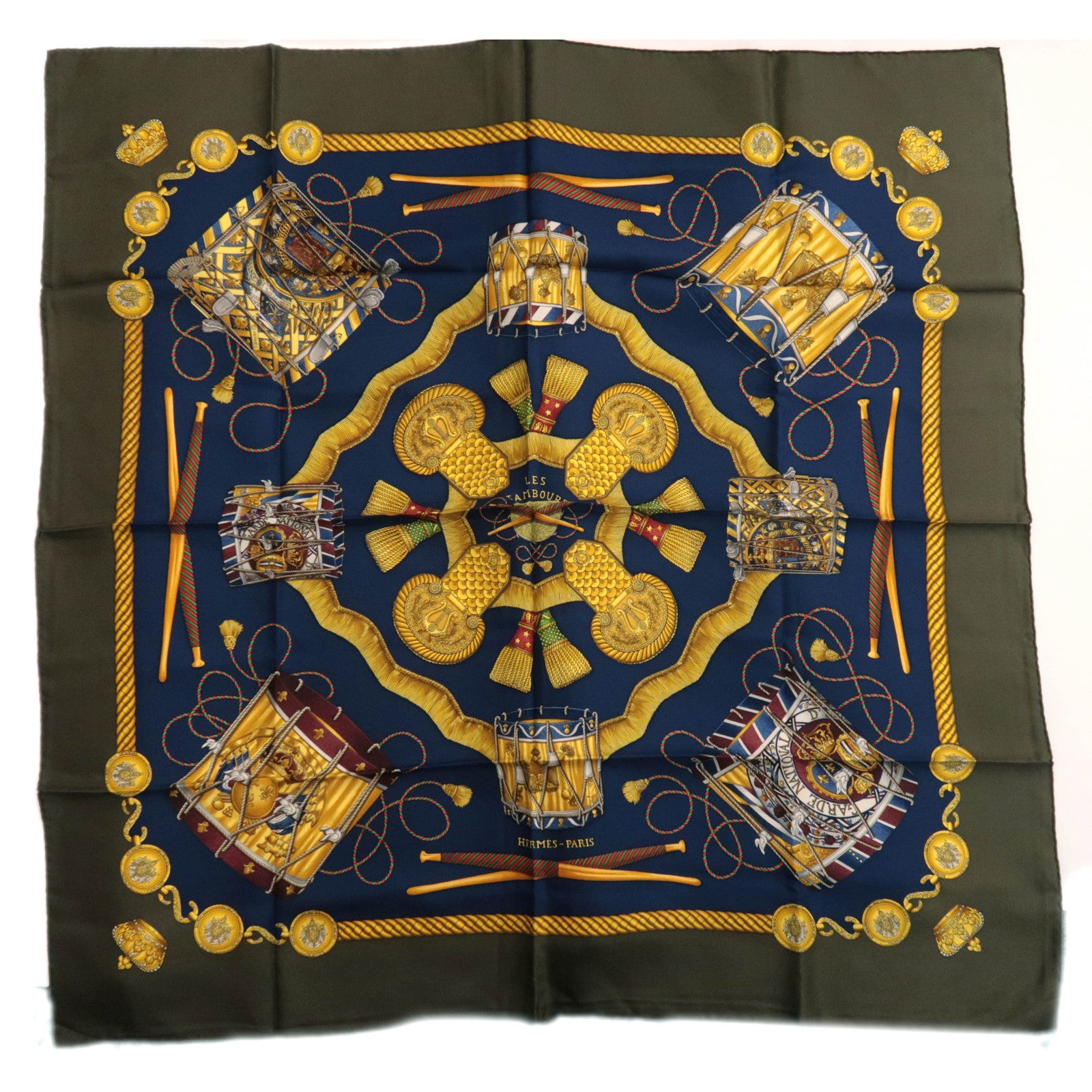 HERMES Carre 90 Scarf LES TAMBOURS 100% Silk Navy Khaki90591