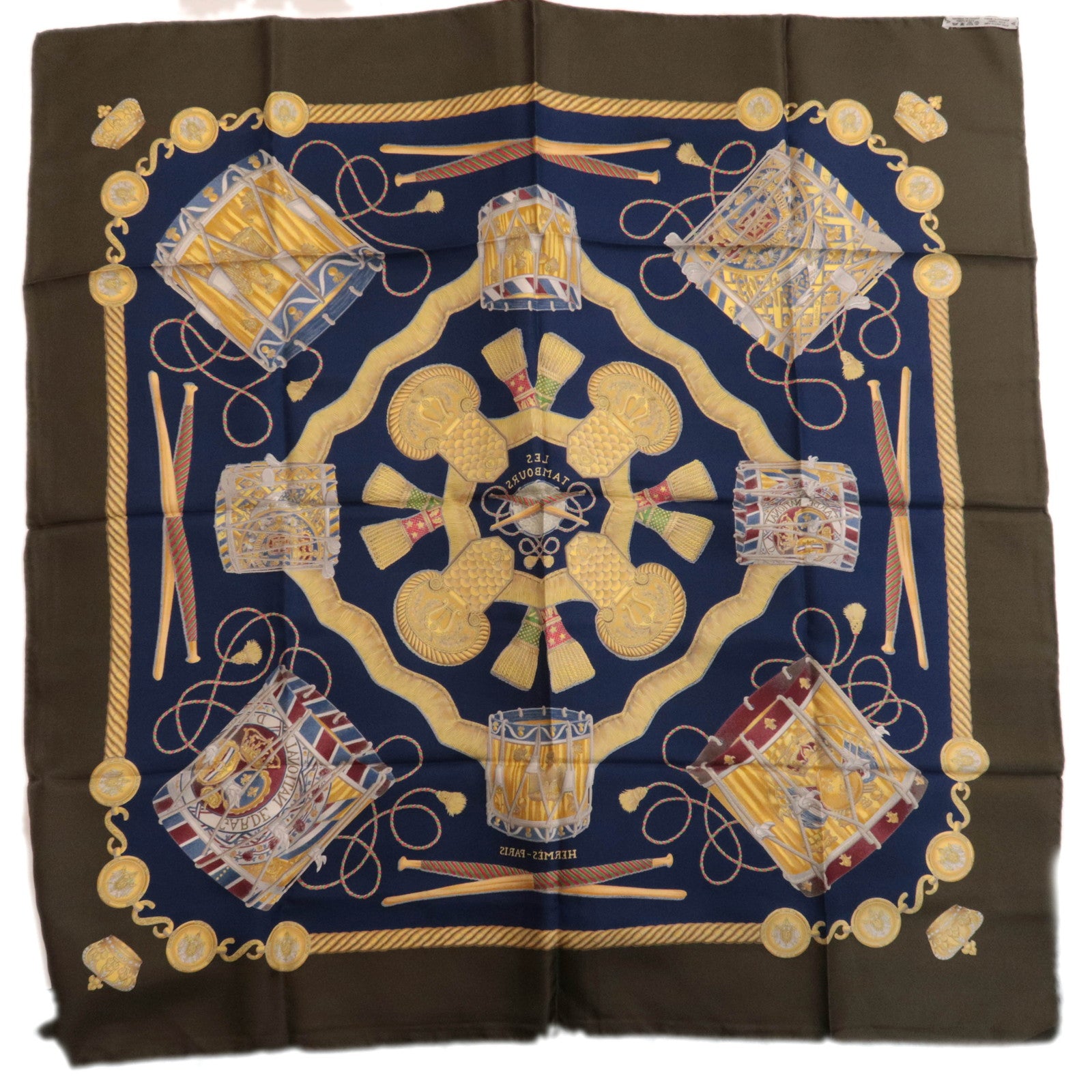 HERMES Carre 90 Scarf LES TAMBOURS 100% Silk Navy Khaki