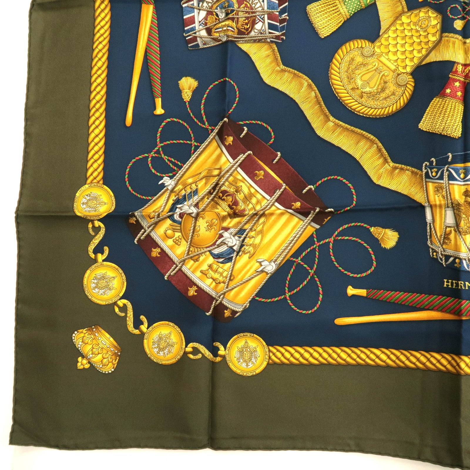 HERMES Carre 90 Scarf LES TAMBOURS 100% Silk Navy Khaki