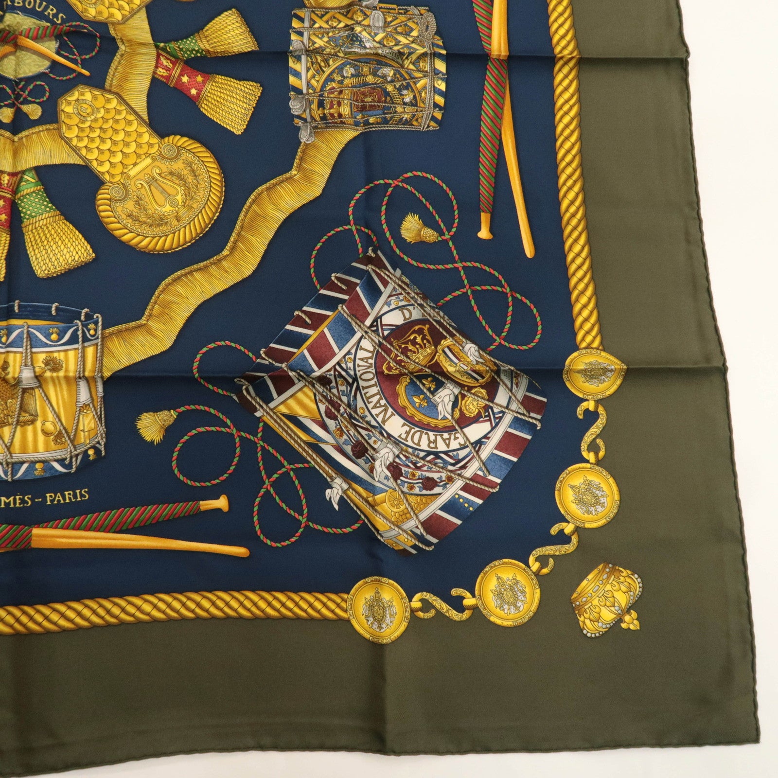 HERMES Carre 90 Scarf LES TAMBOURS 100% Silk Navy Khaki