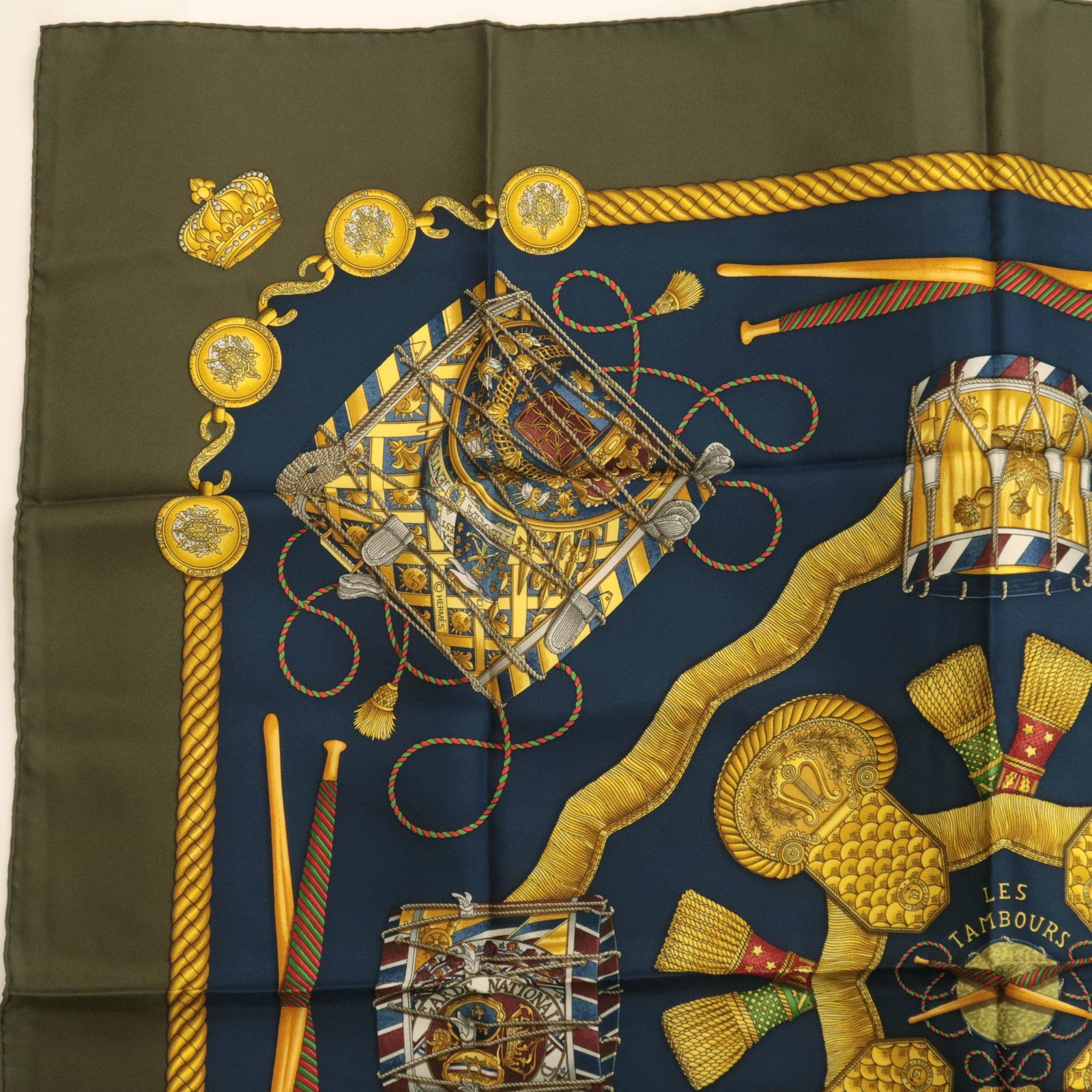 HERMES Carre 90 Scarf LES TAMBOURS 100% Silk Navy Khaki