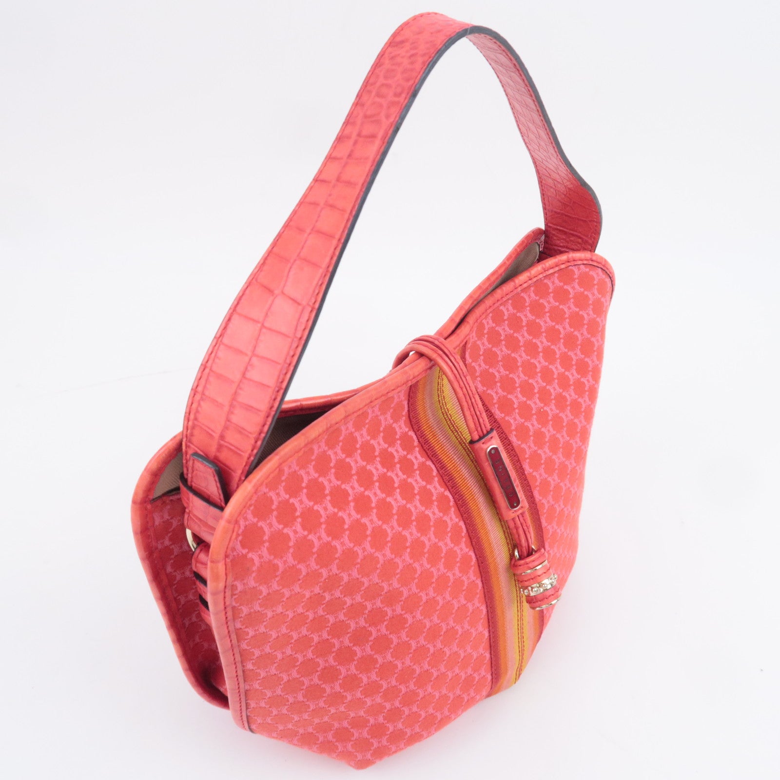 CELINE Macadam Shoulder Bag Canvas Embossed Leather Red