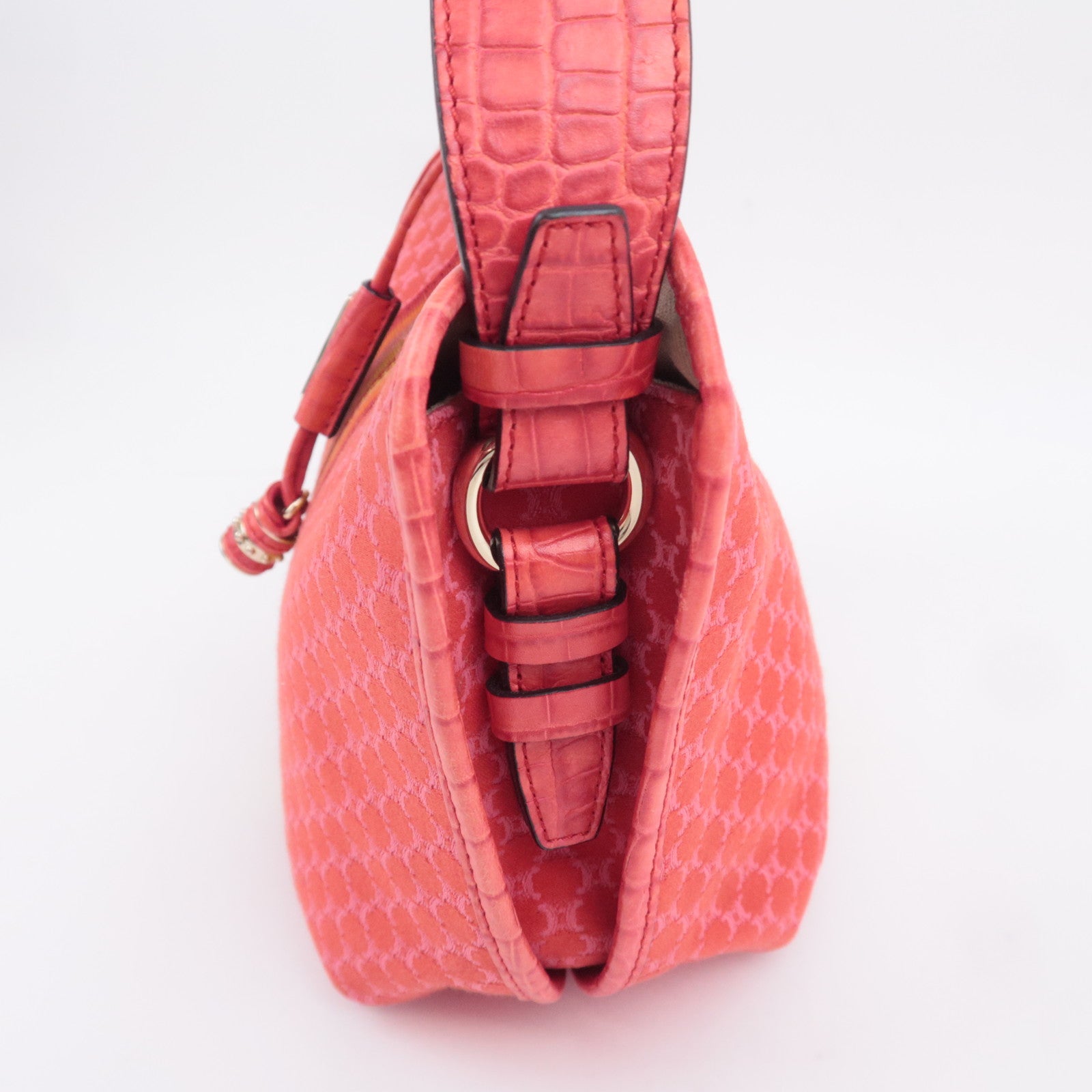 CELINE Macadam Shoulder Bag Canvas Embossed Leather Red