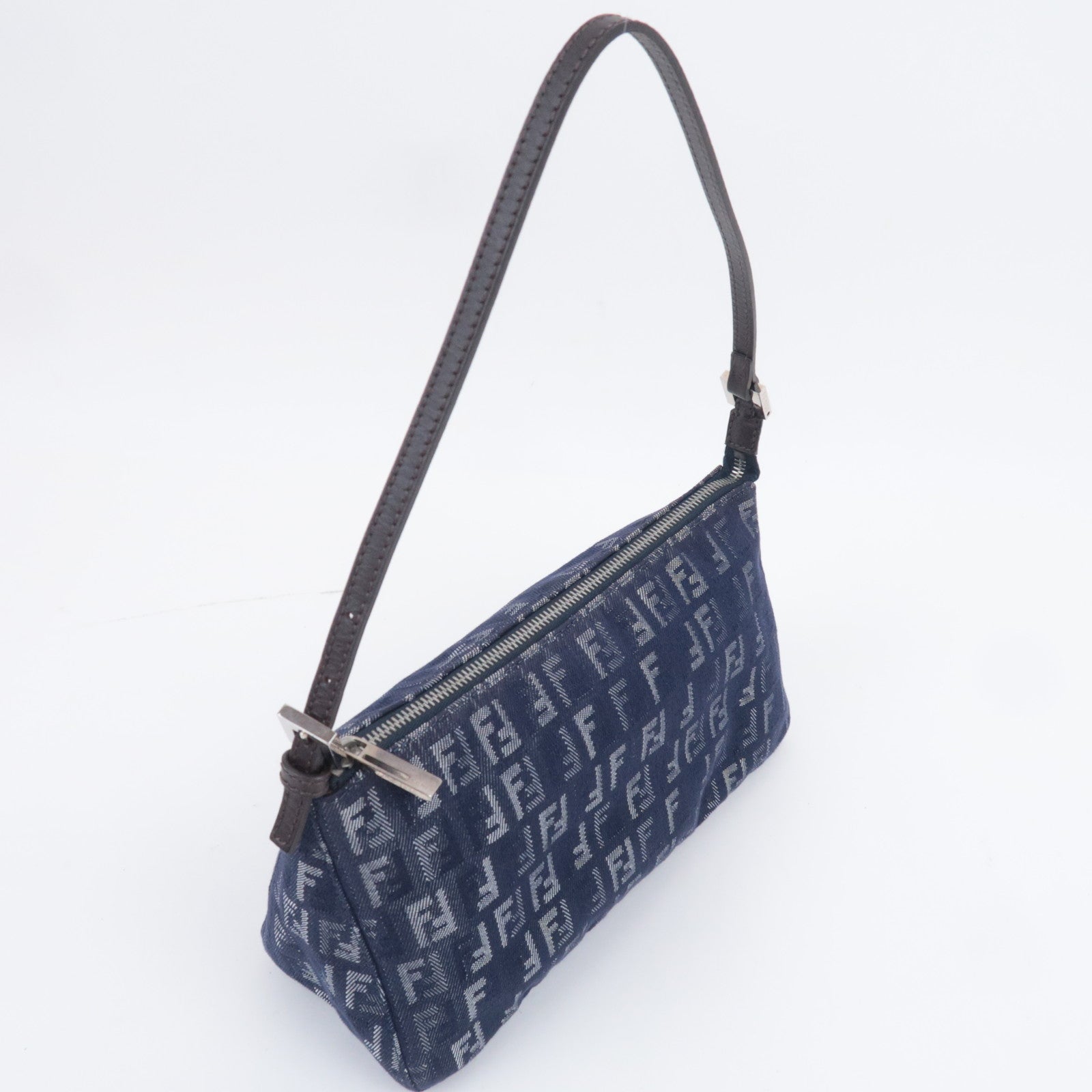 FENDI Zucchino Denim Leather Shoulder Bag Navy 8BR267