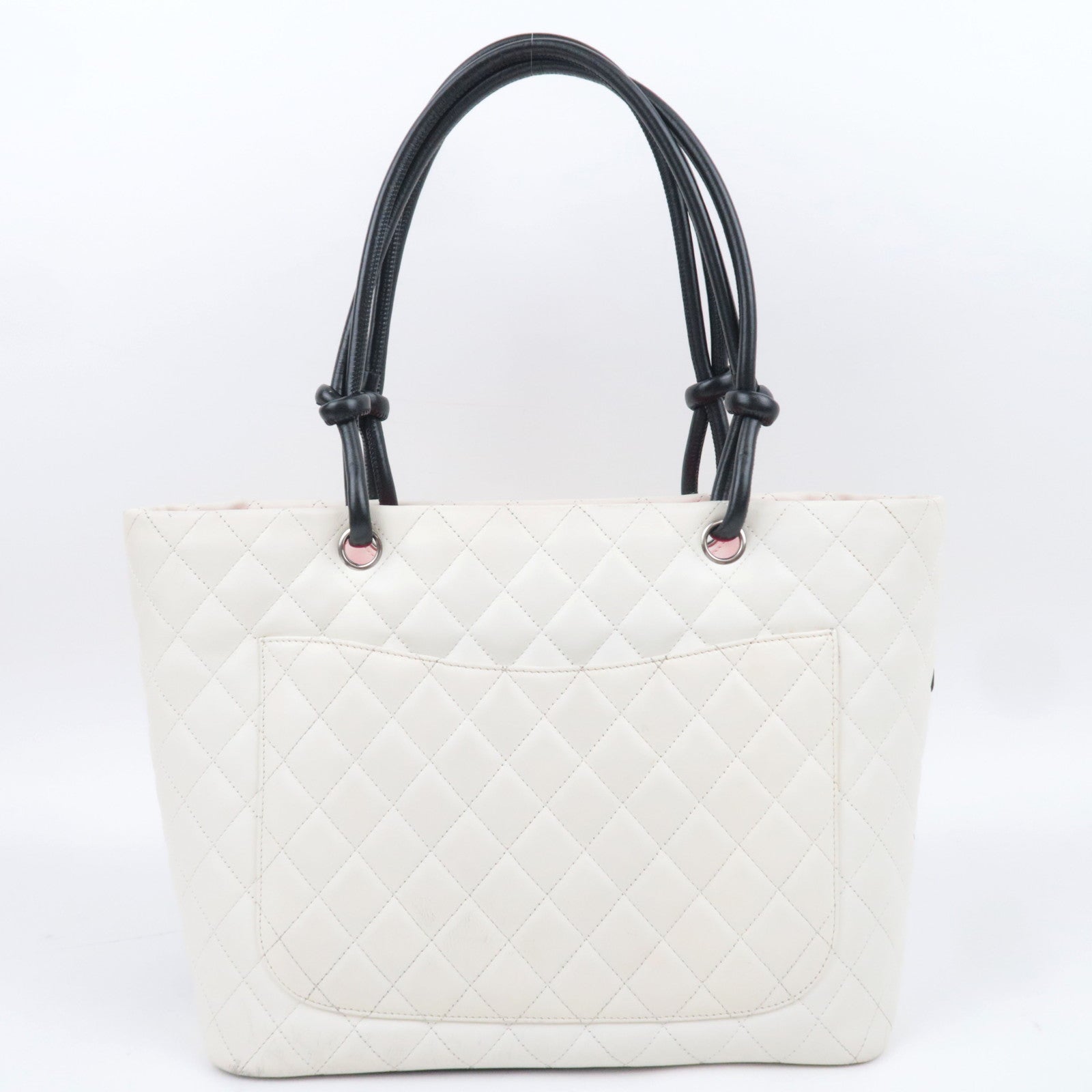 CHANEL Cambon Line Lambskin Tote Bag White Black