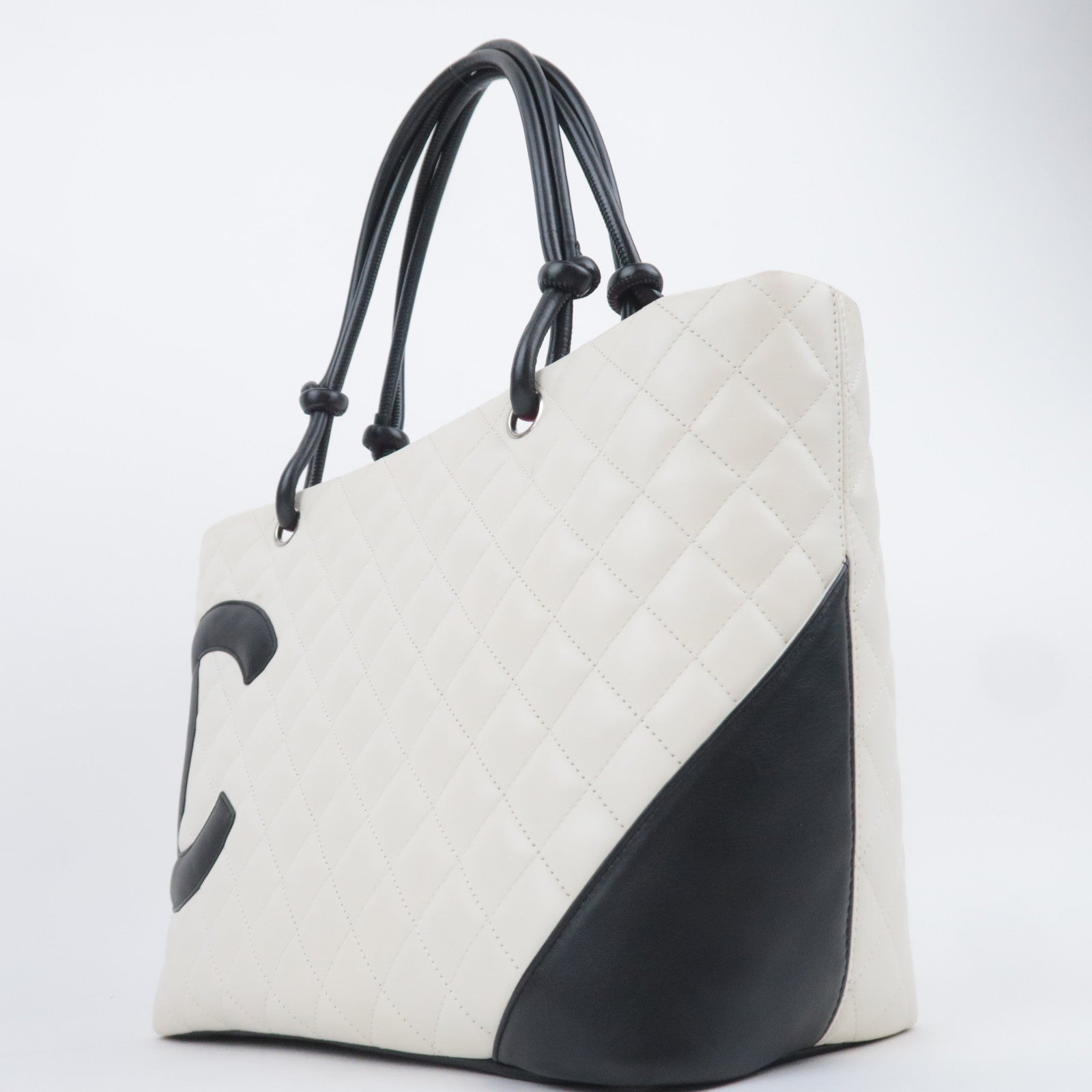 CHANEL Cambon Line Lambskin Tote Bag White Black
