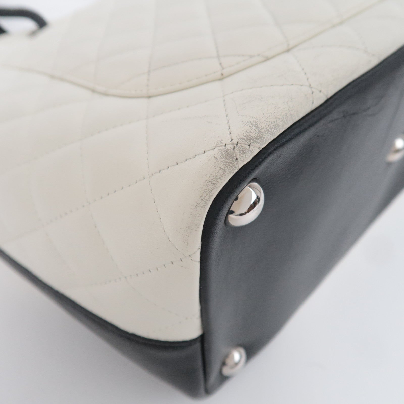 CHANEL Cambon Line Lambskin Tote Bag White Black