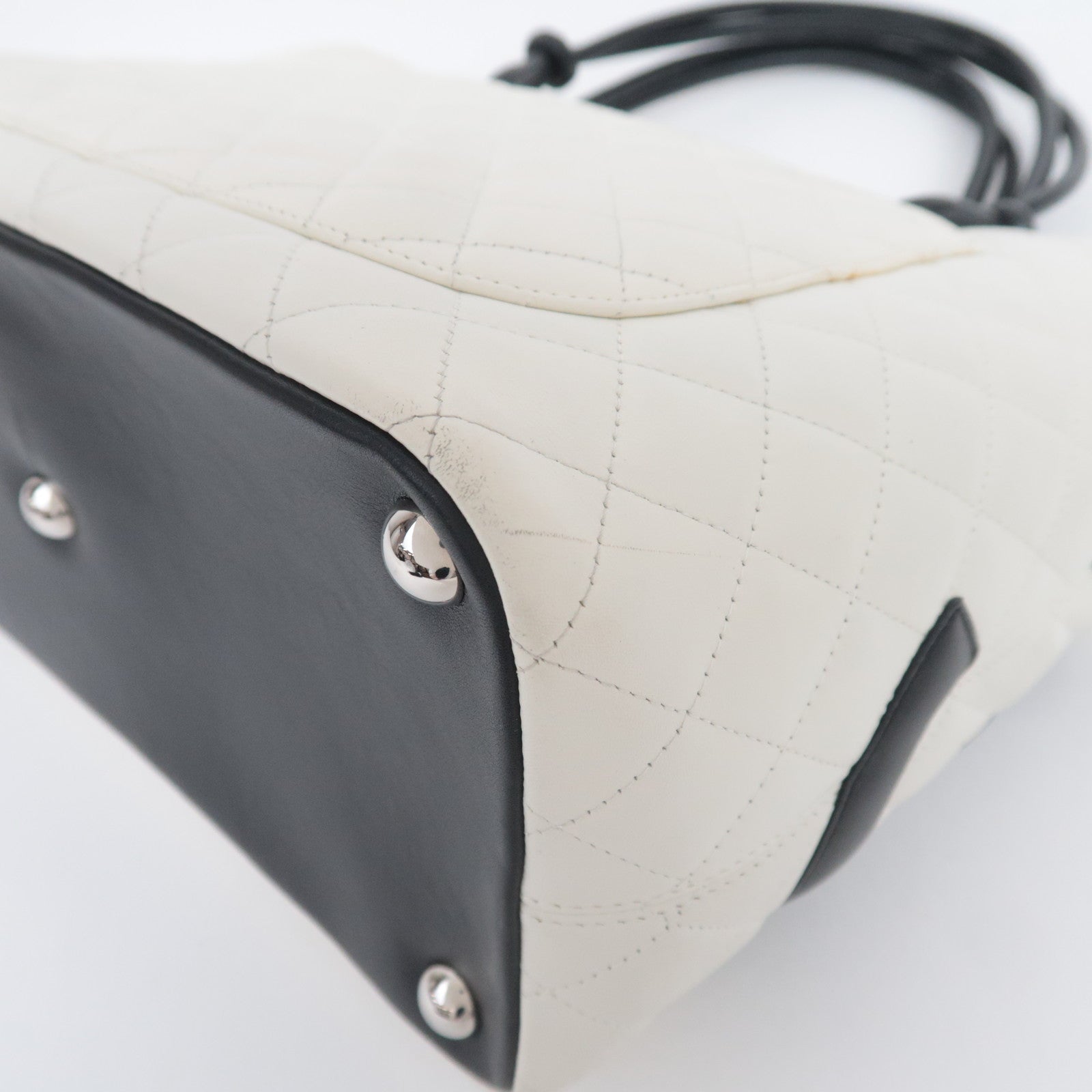CHANEL Cambon Line Lambskin Tote Bag White Black