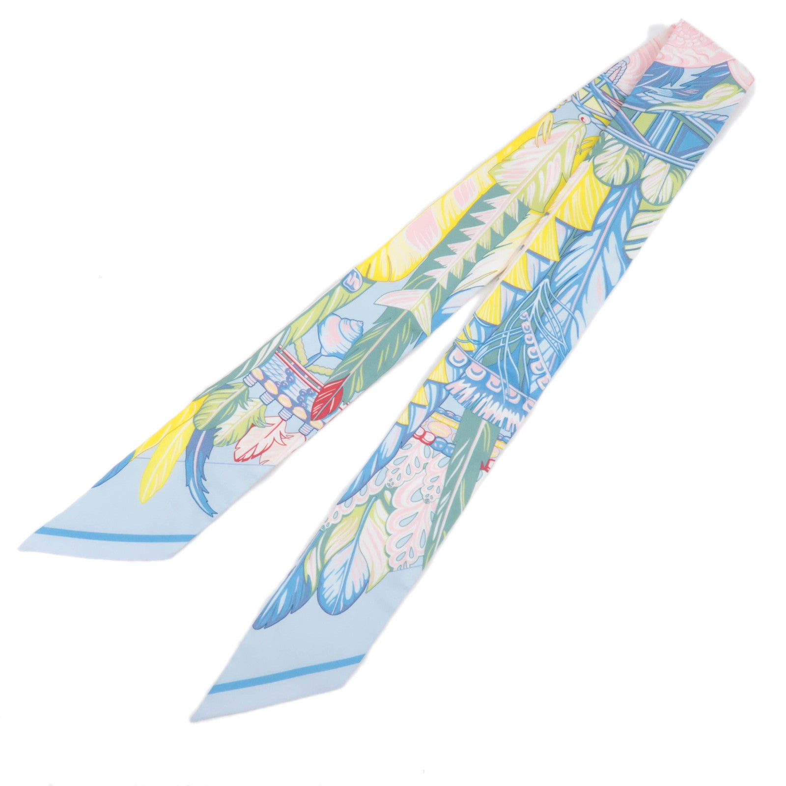 HERMES Twilly Scarf DANSE PACIFIQUE 100% Silk Light Blue90673