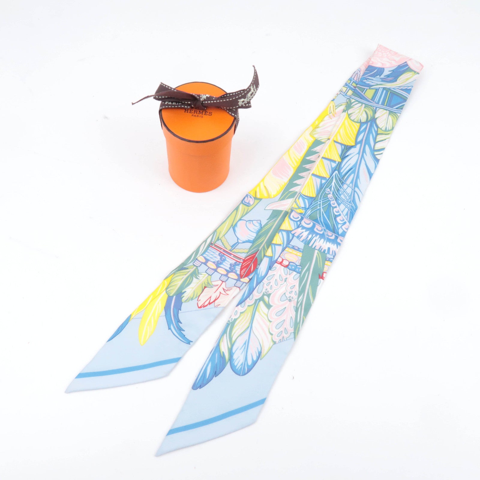 HERMES Twilly Scarf DANSE PACIFIQUE 100% Silk Light Blue