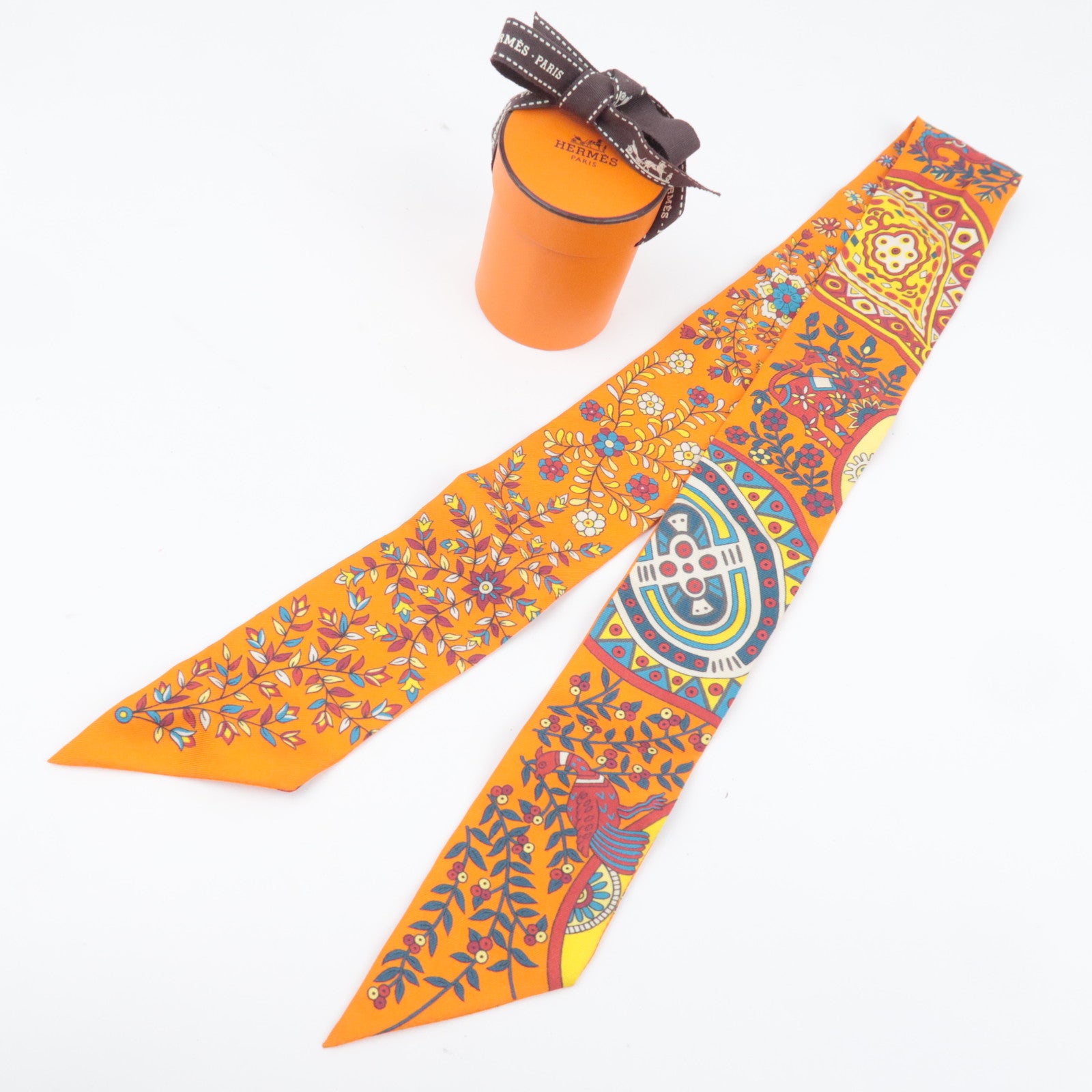 HERMES Twilly Scarf L'ARBRE DE VIE 100% Silk Orange