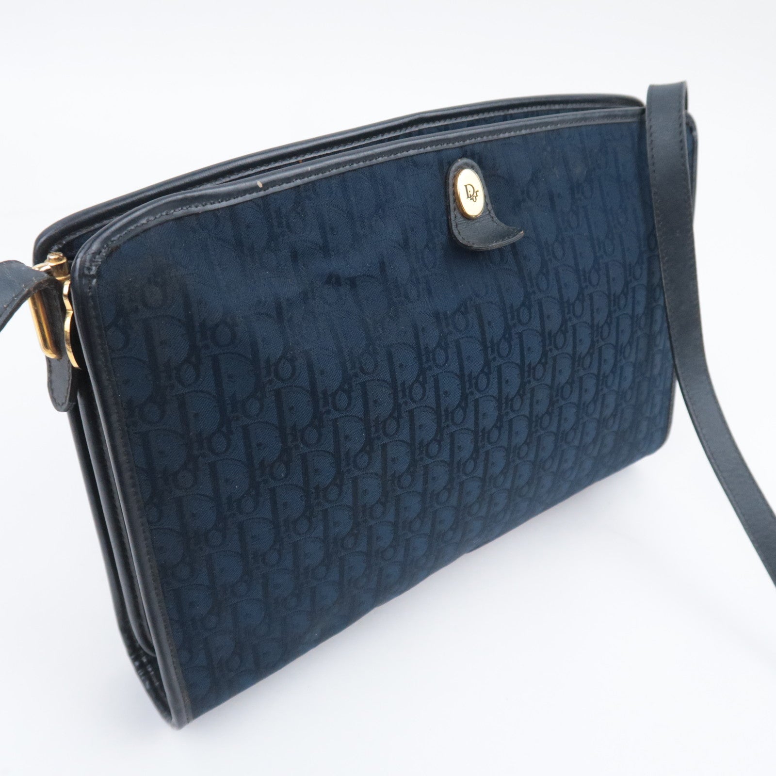 Christian Dior Trotter Canvas Leather Shoulder Bag Navy Black