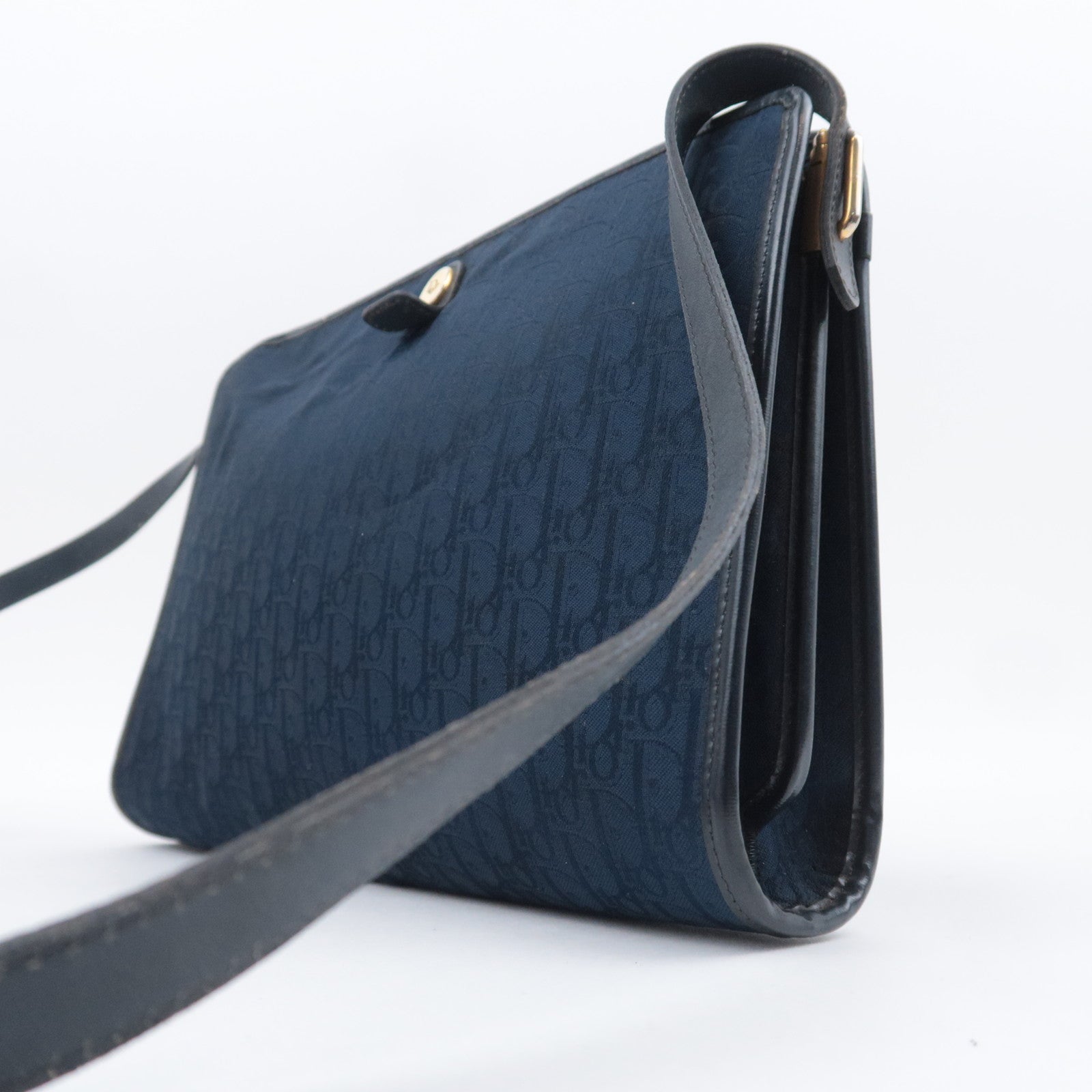 Christian Dior Trotter Canvas Leather Shoulder Bag Navy Black