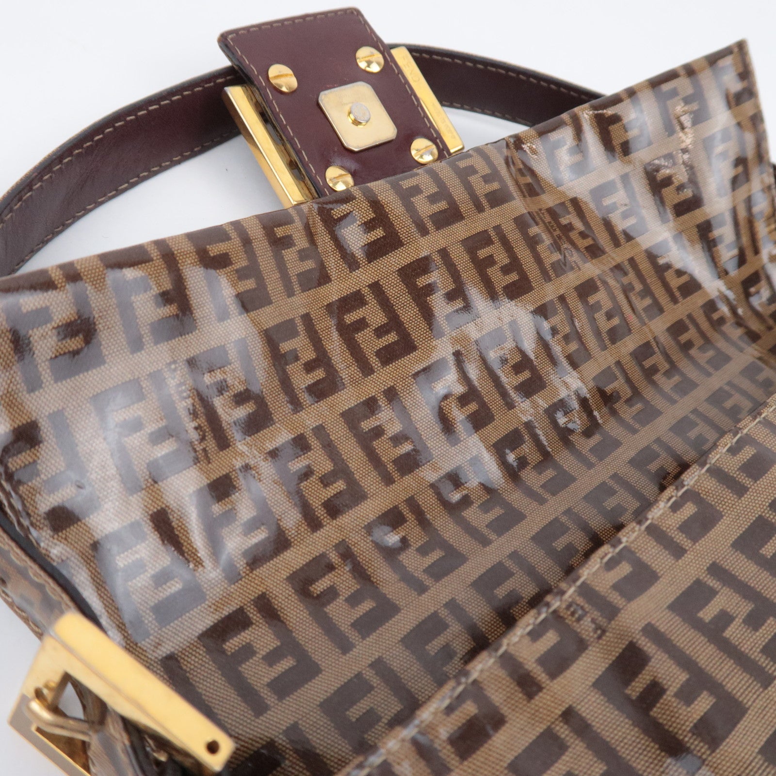 FENDI Zucchino Mamma Baguette Vinyl Shoulder Bag Beige 26424