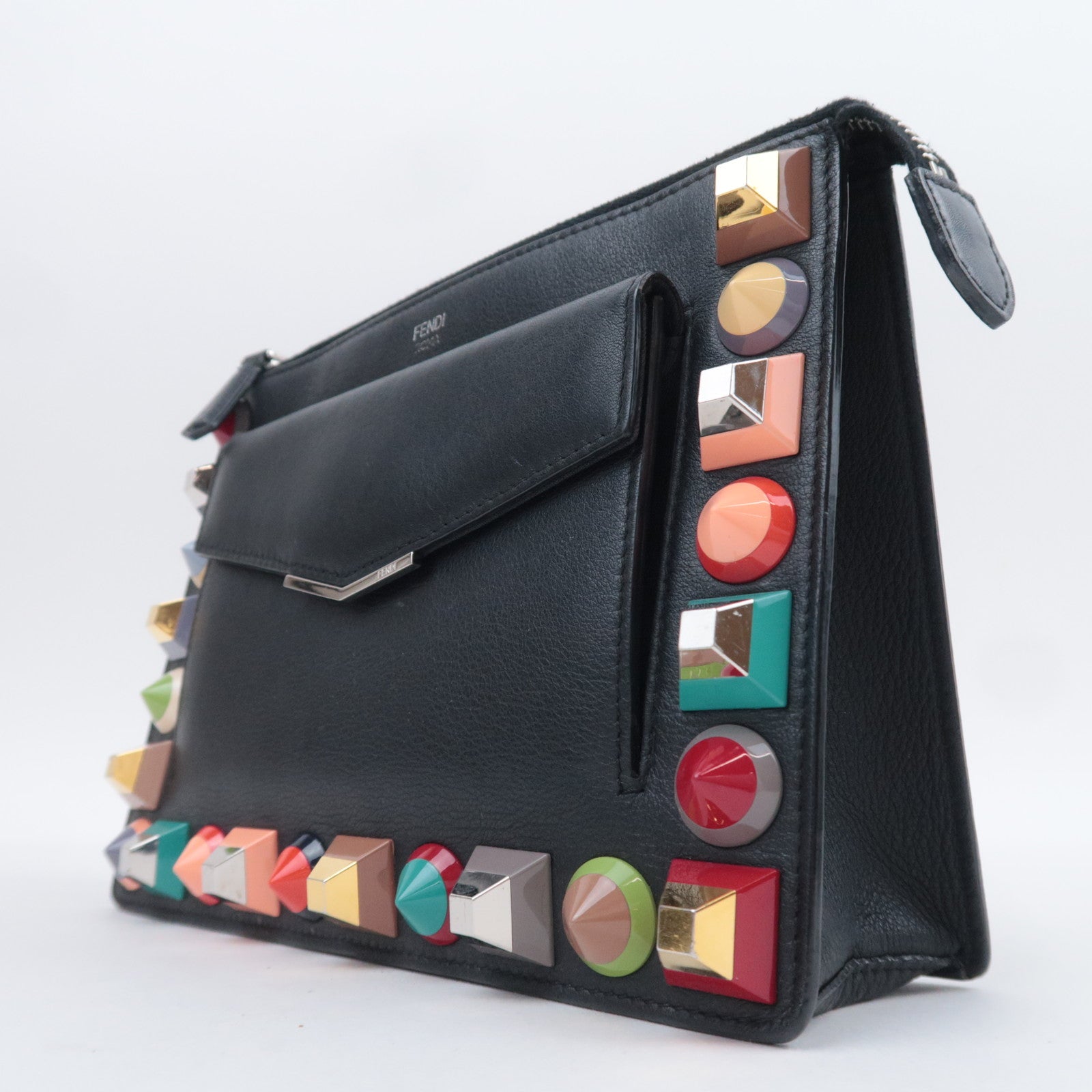 FENDI 2 Jours Multi Studs Leather Shoulder Bag Black 8M0369