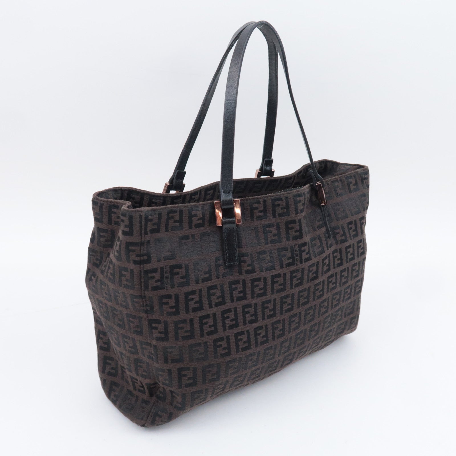 FENDI Zucchino Canvas Leather Handbag  Brown 8BH018