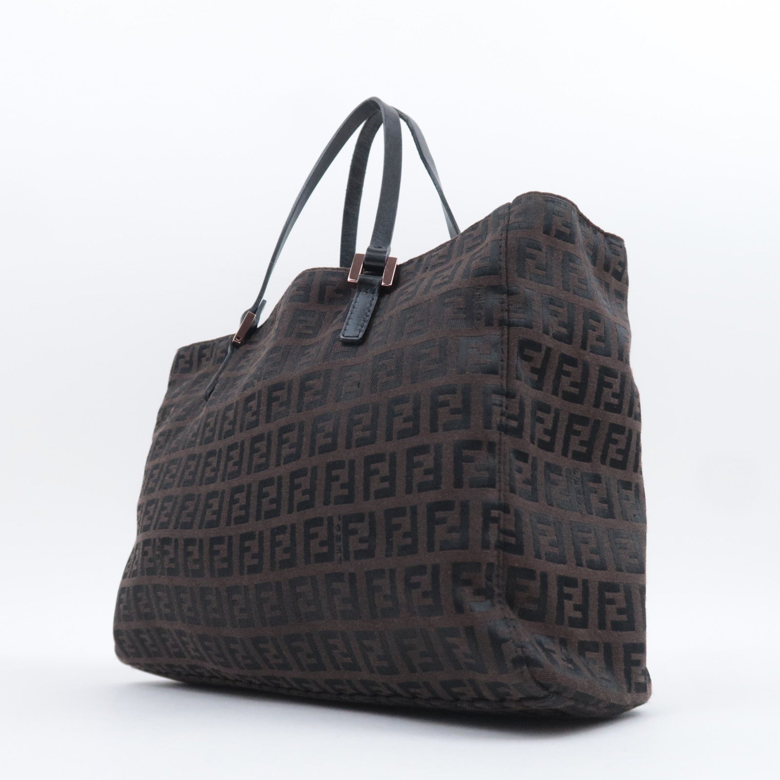 FENDI Zucchino Canvas Leather Handbag  Brown 8BH018