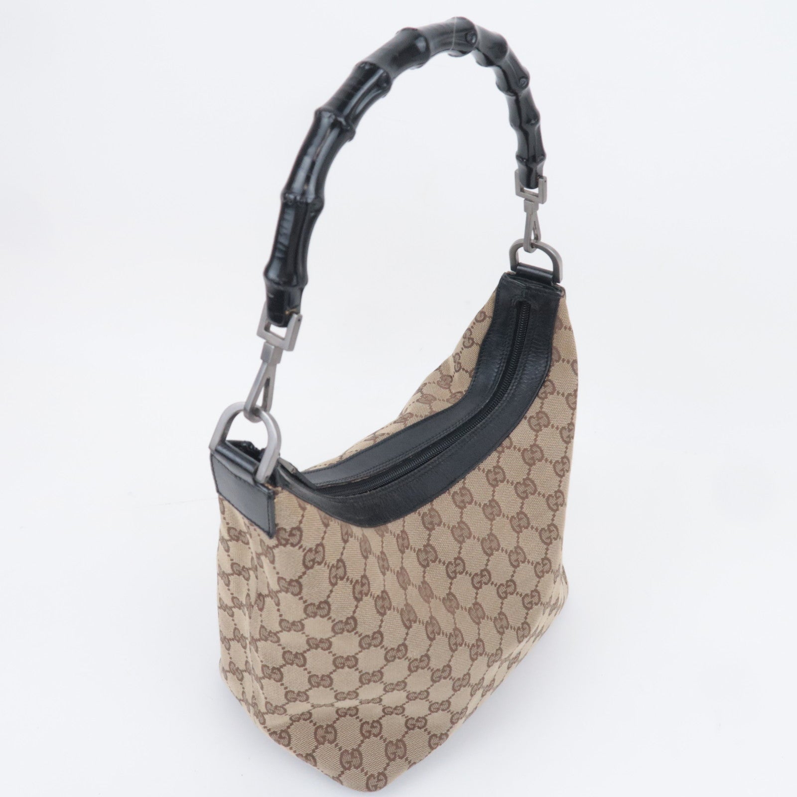 GUCCI Bamboo GG Canvas Shoulder Bag Beige Black 000.0531