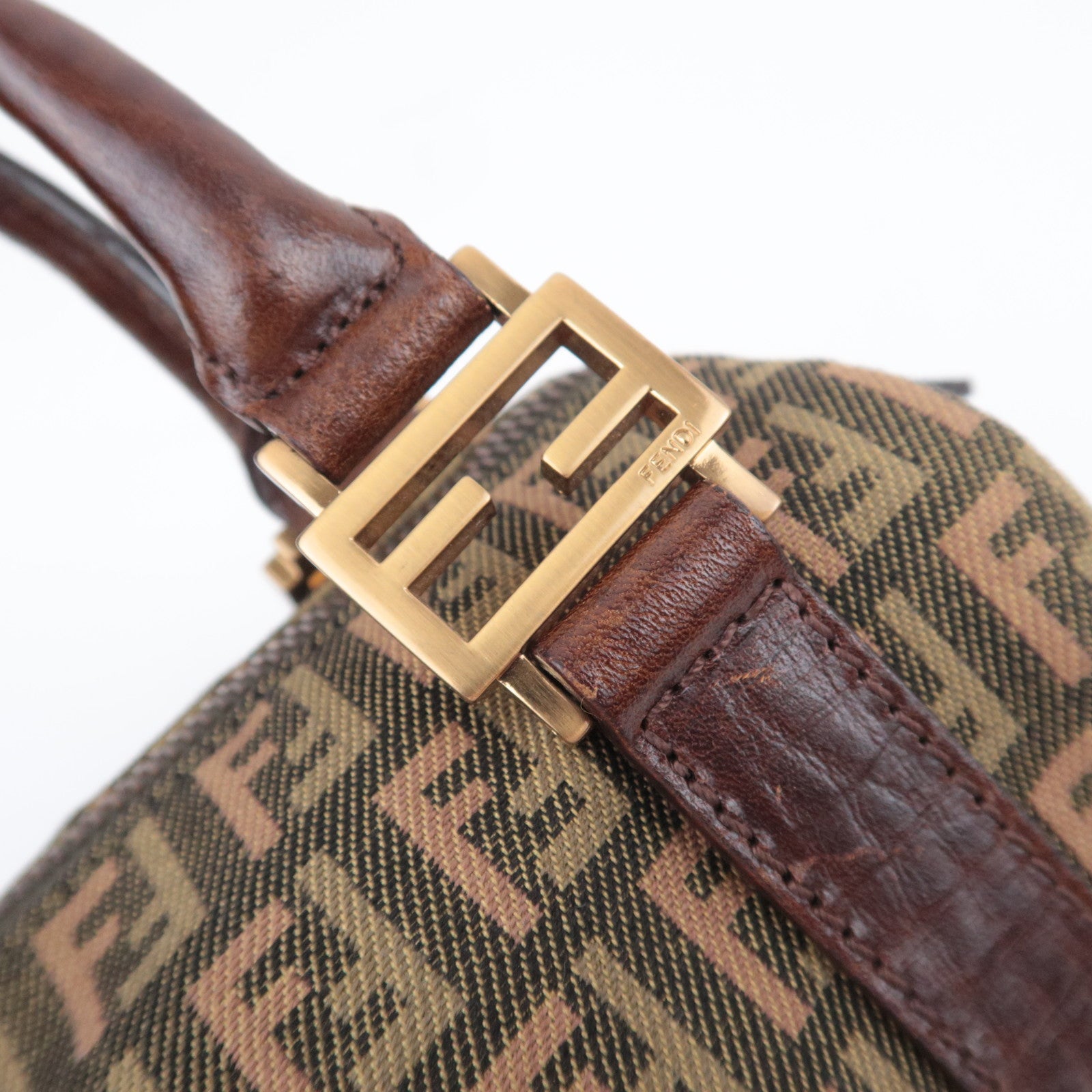 FENDI Zucchino Canvas Leather Handbag Khaki Brown 8BL071