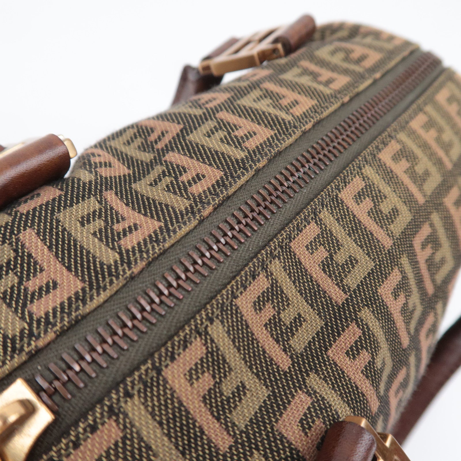 FENDI Zucchino Canvas Leather Handbag Khaki Brown 8BL071