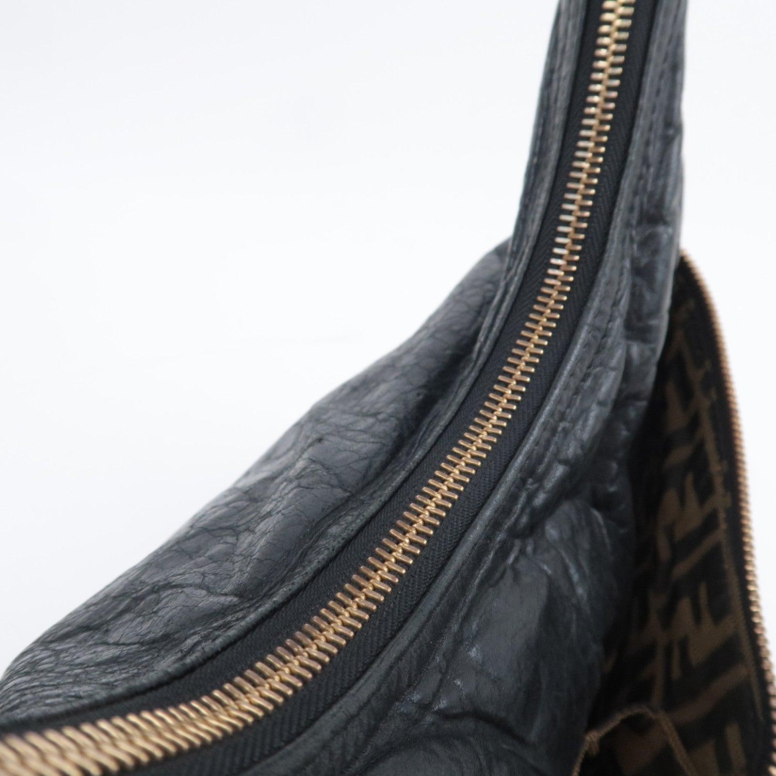 FENDI Unzipped Leather Shoulder Bag Black 8BR624