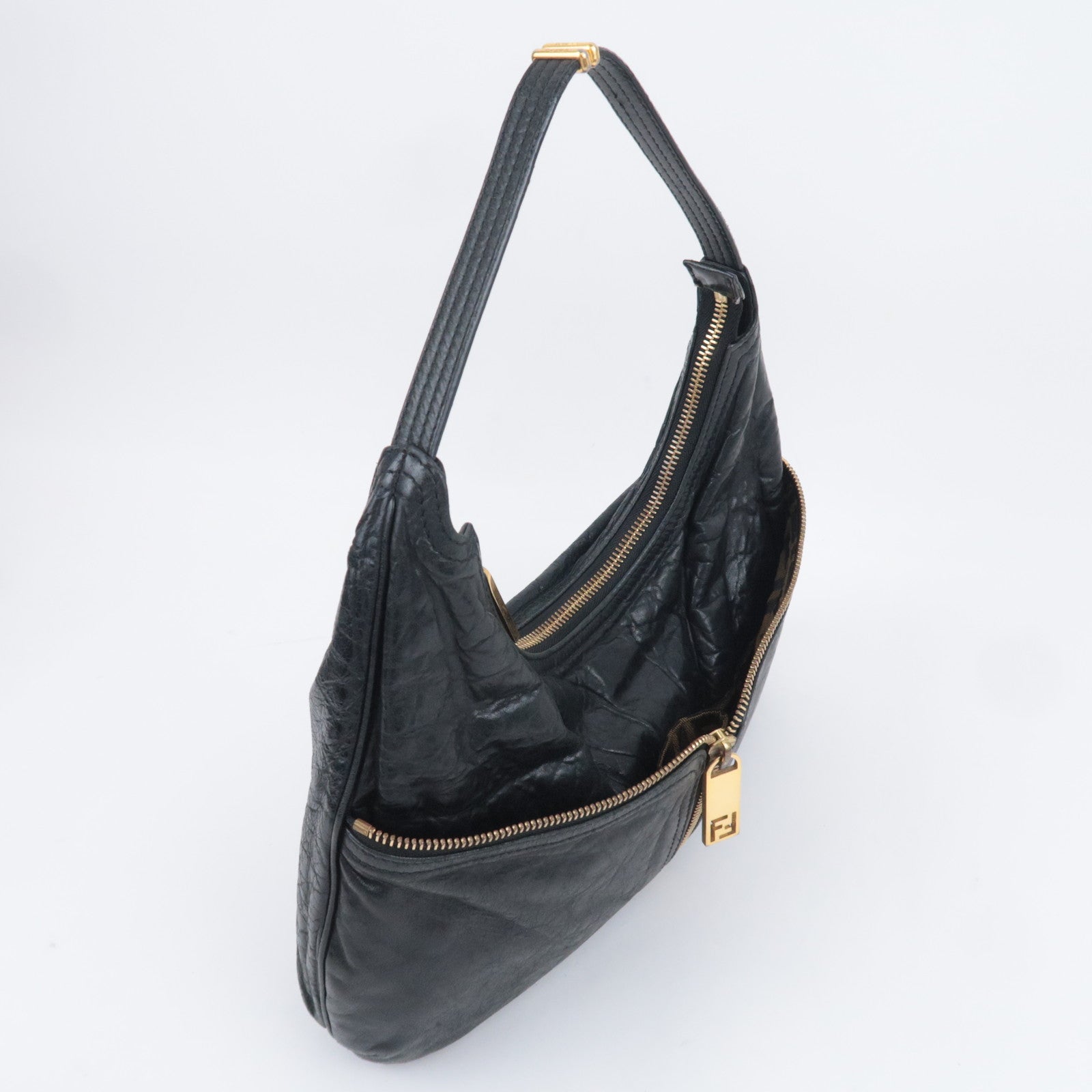 FENDI Unzipped Leather Shoulder Bag Black 8BR624