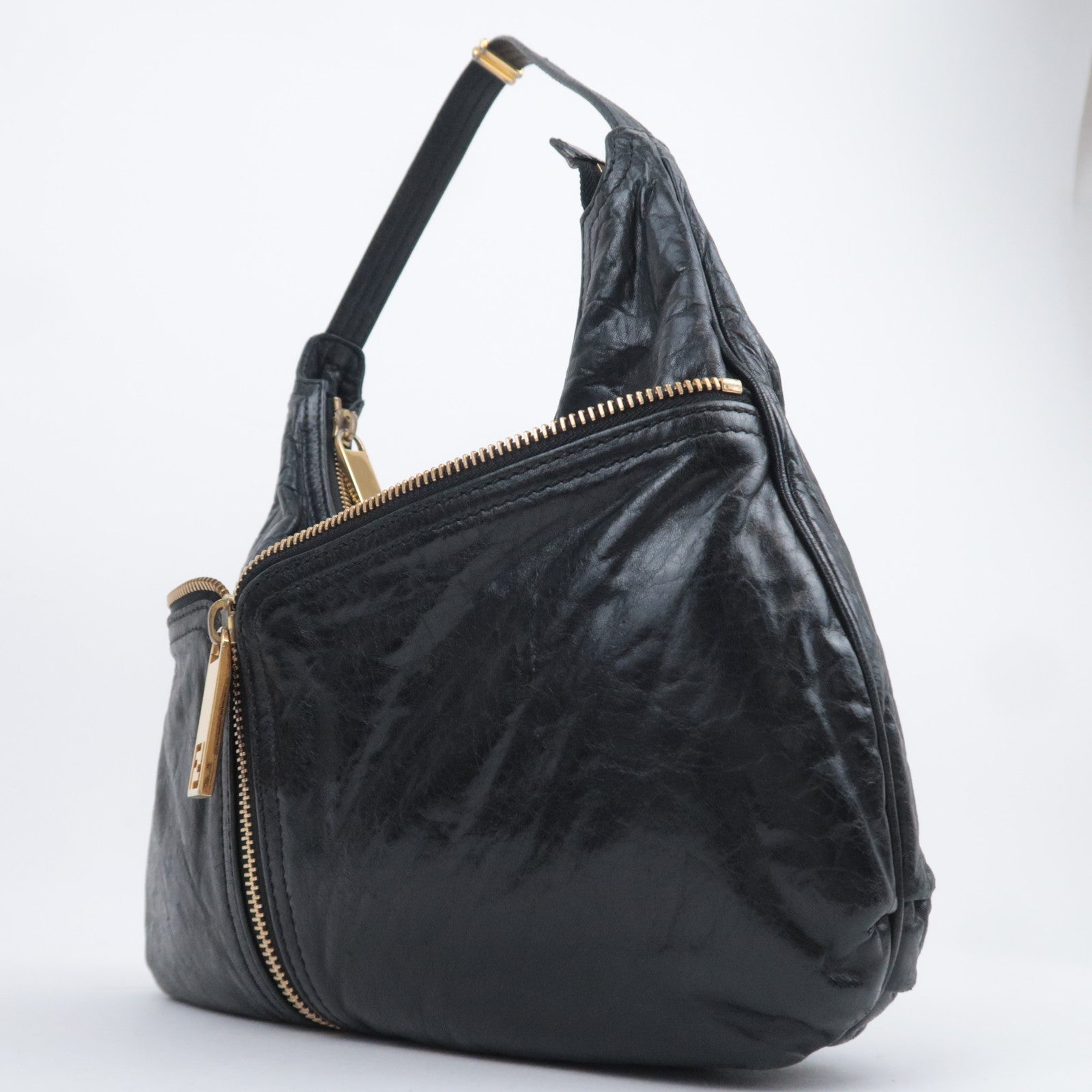FENDI Unzipped Leather Shoulder Bag Black 8BR624