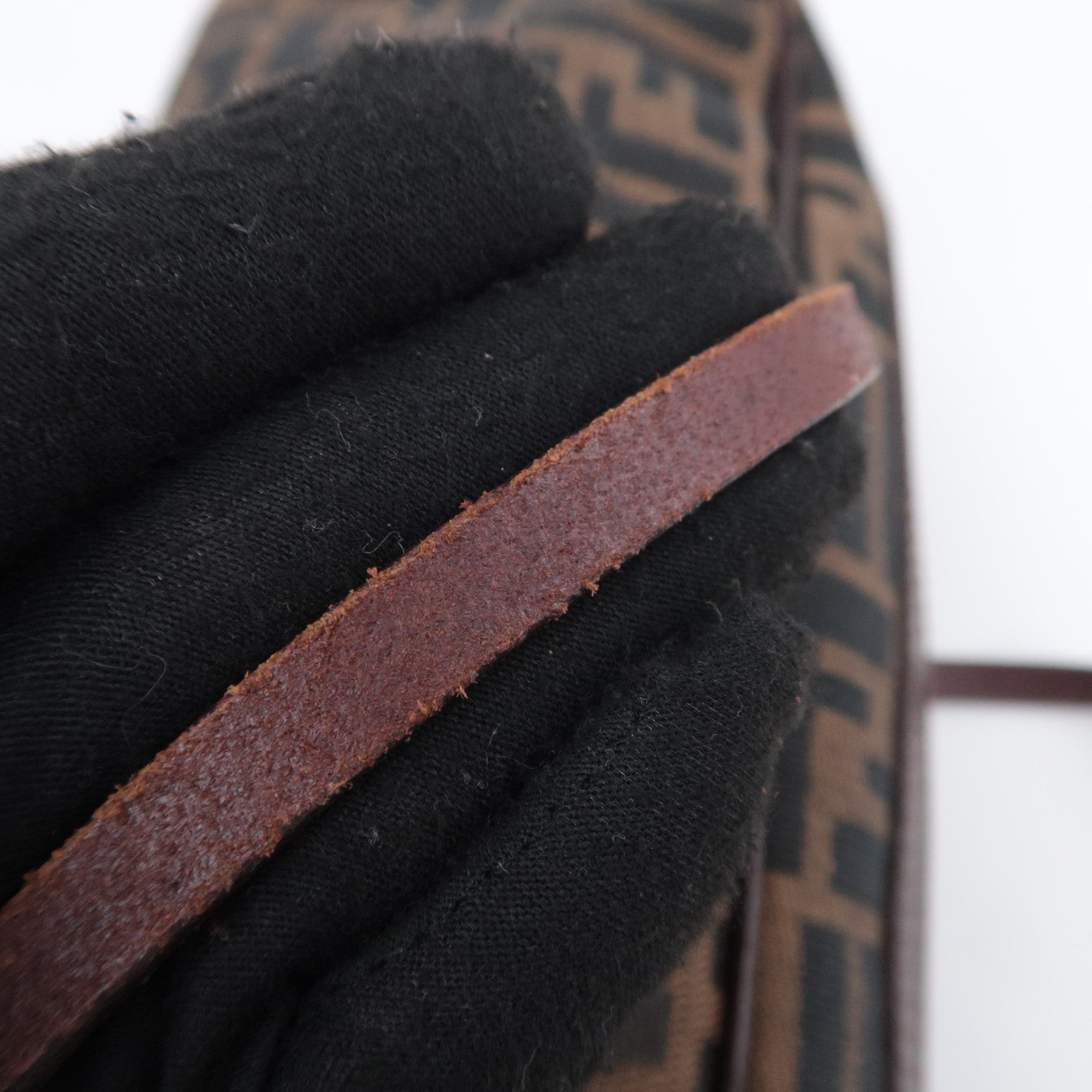 FENDI Zucca Canvas Leather Handbag Brown Black 16560