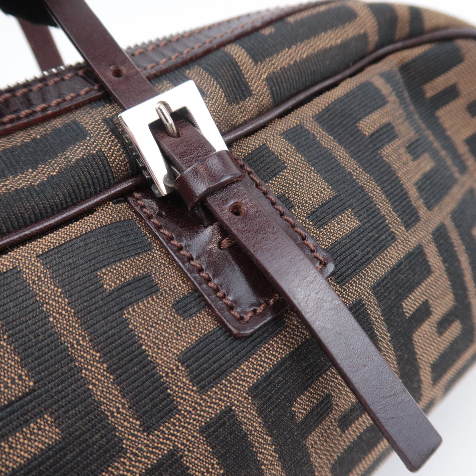 FENDI Zucca Canvas Leather Handbag Brown Black 16560