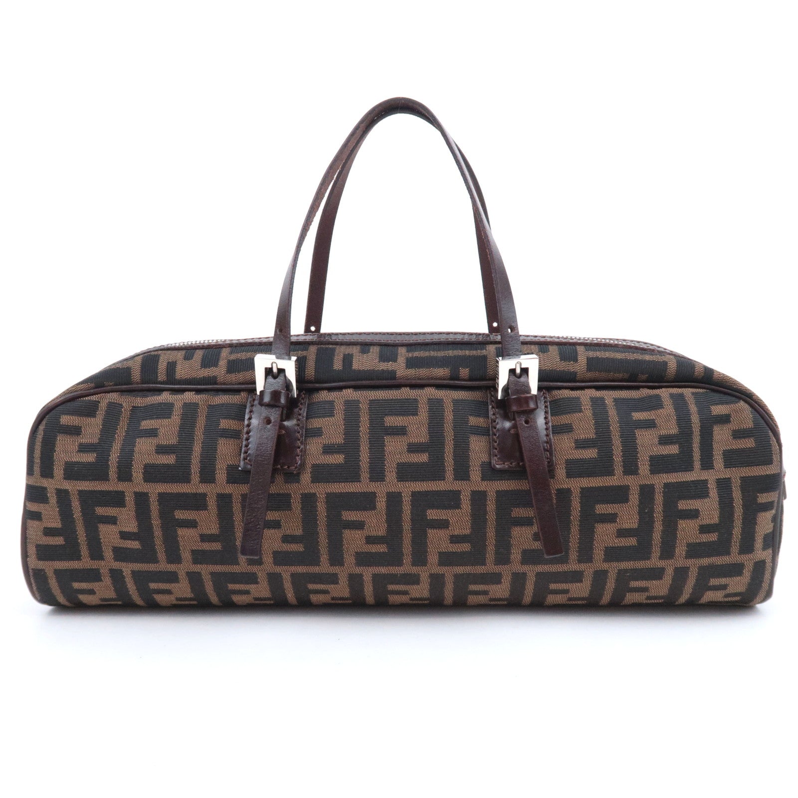 FENDI Zucca Canvas Leather Handbag Brown Black 16560