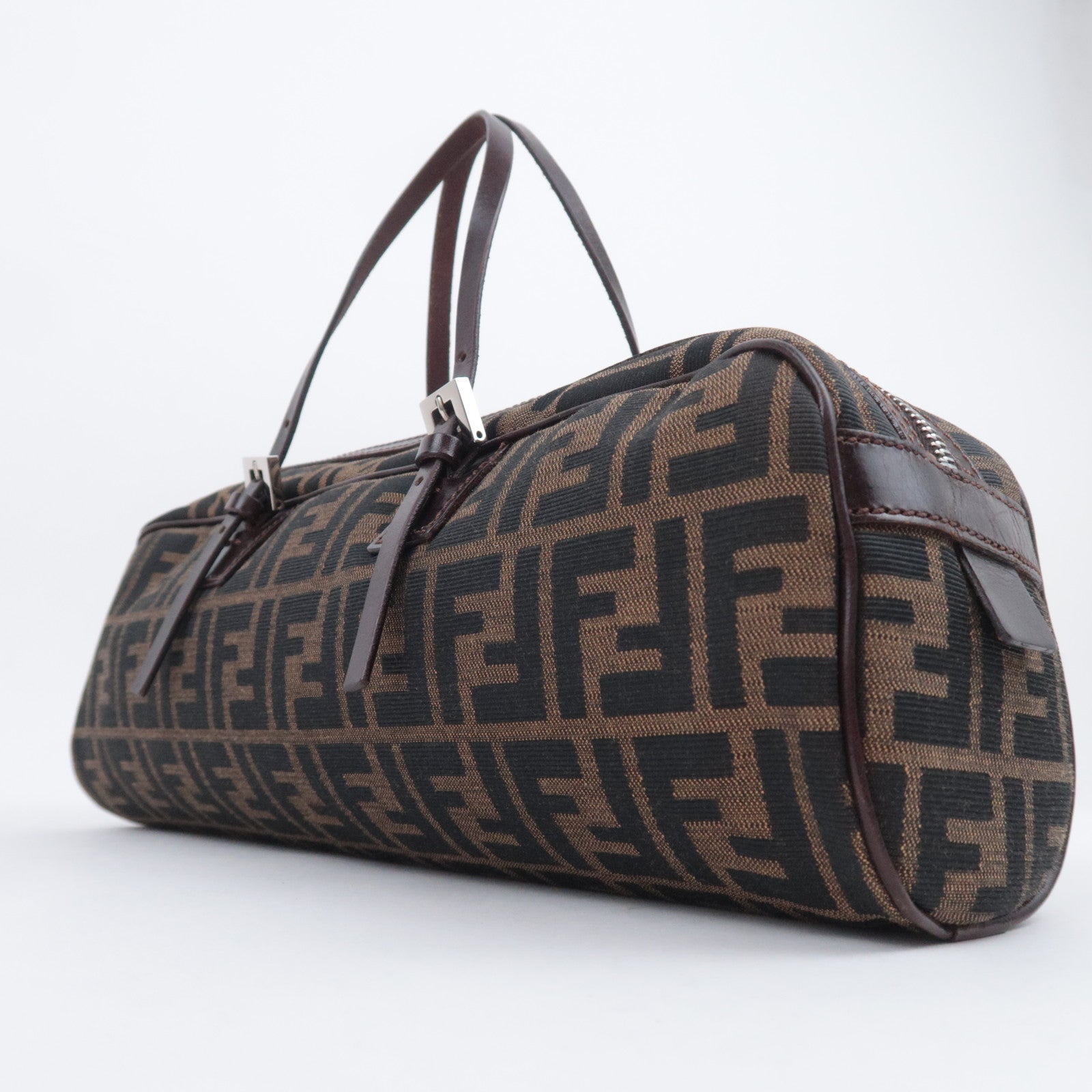 FENDI Zucca Canvas Leather Handbag Brown Black 16560