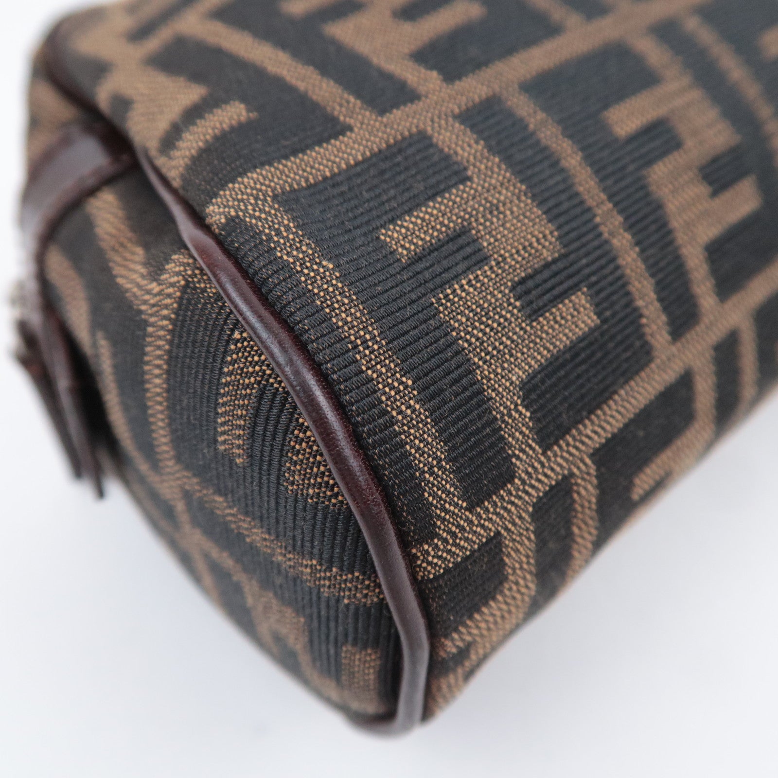 FENDI Zucca Canvas Leather Handbag Brown Black 16560