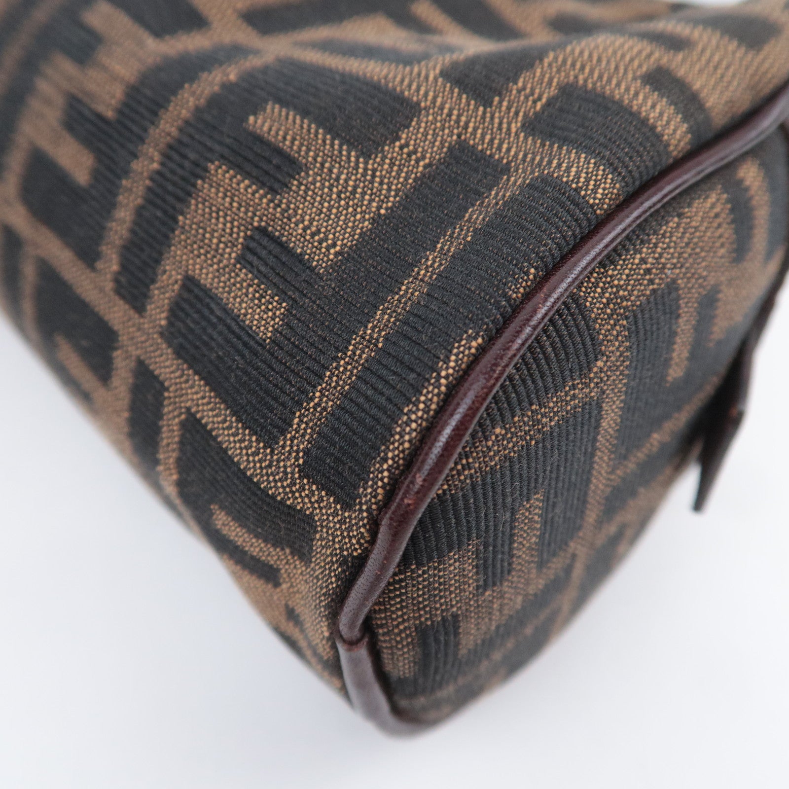 FENDI Zucca Canvas Leather Handbag Brown Black 16560