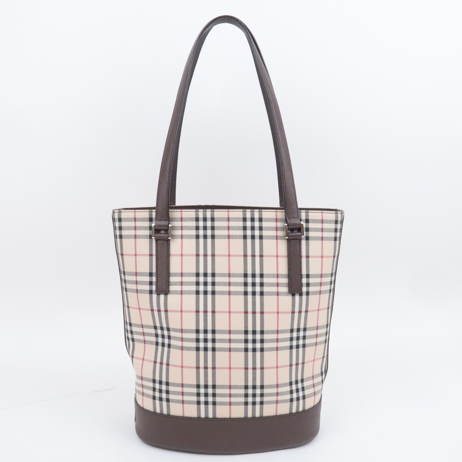 BURBERRY Nova Plaid Canvas Leather Tote Bag Beige Brown