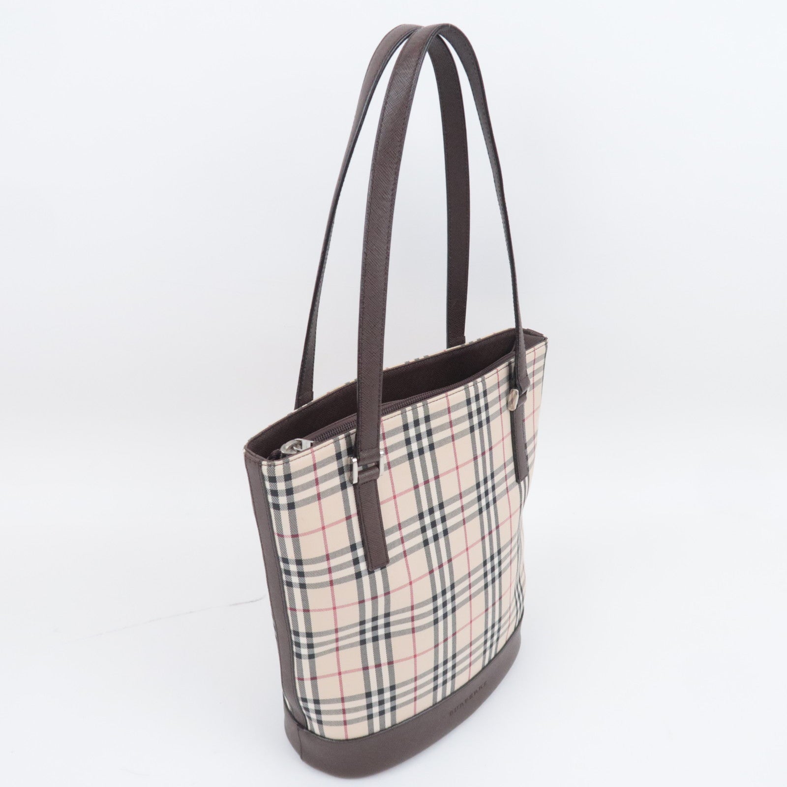 BURBERRY Nova Plaid Canvas Leather Tote Bag Beige Brown