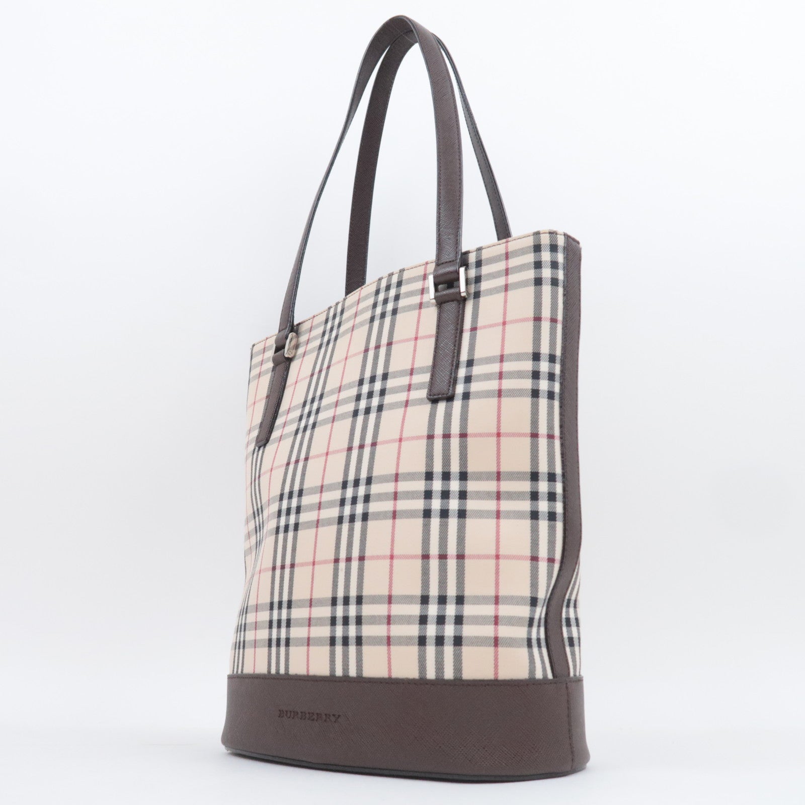 BURBERRY Nova Plaid Canvas Leather Tote Bag Beige Brown