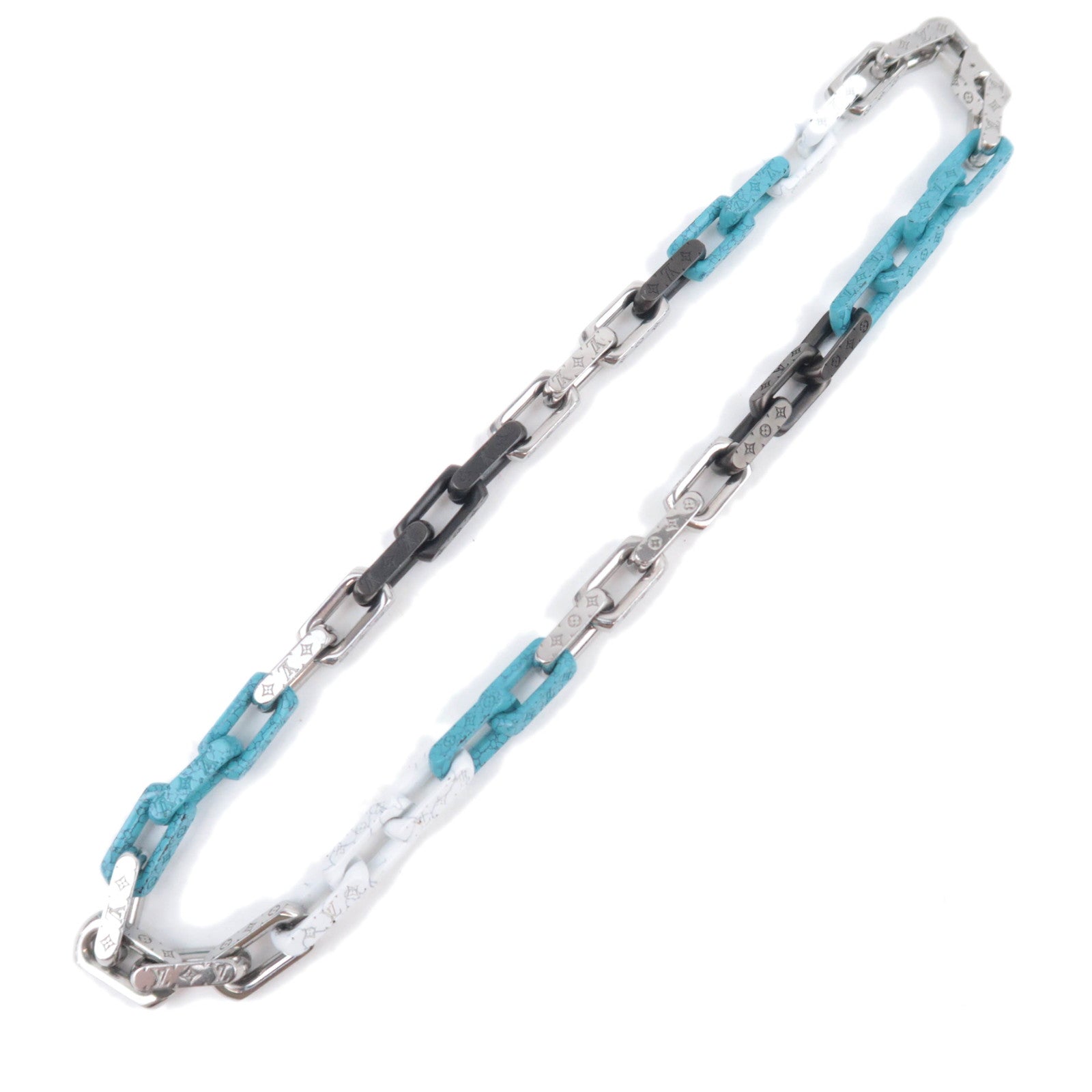 Louis Vuitton Monogram Chain Stone Necklace Black White Silver Turquoise M0129390898