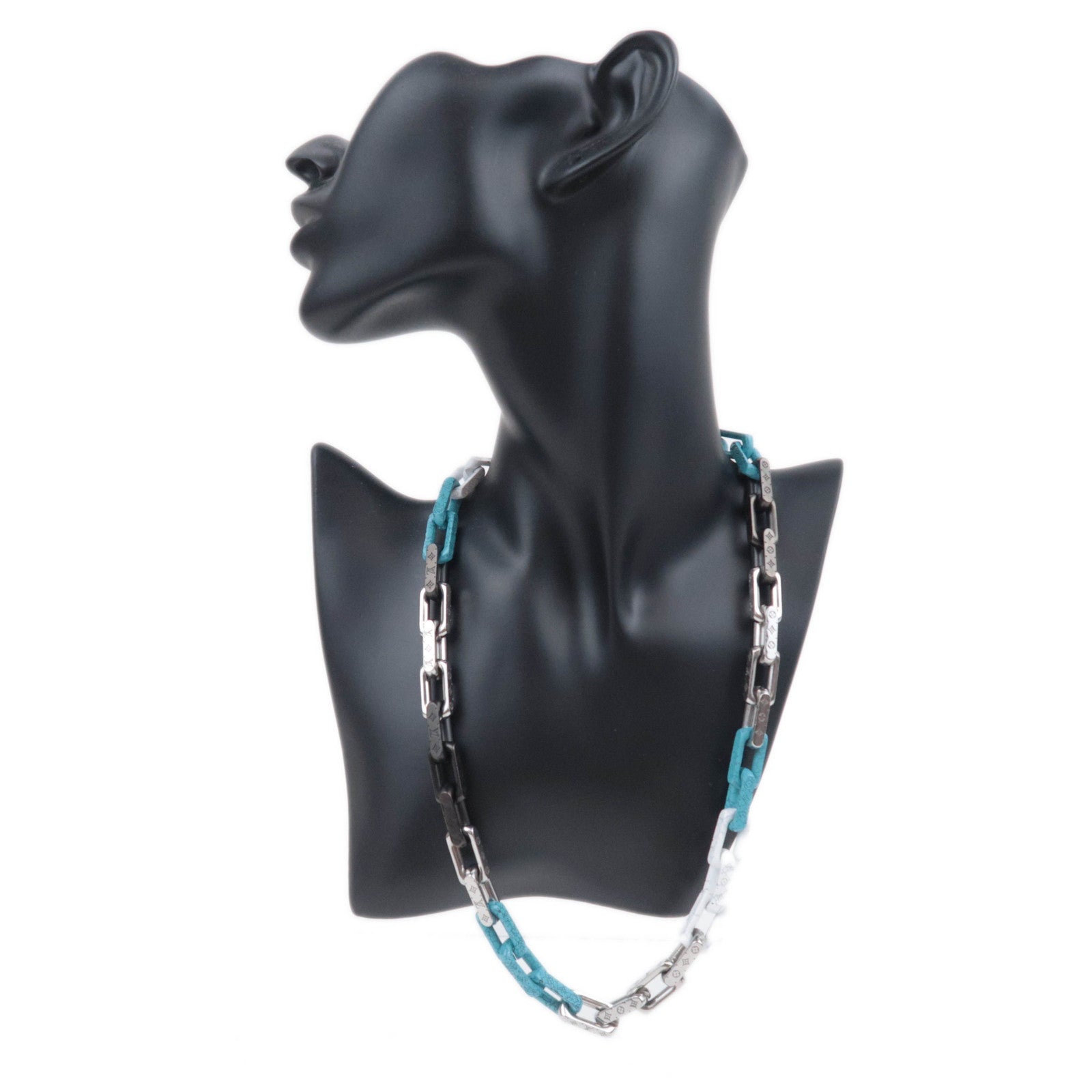 Louis Vuitton Monogram Chain Stone Necklace Black White Silver Turquoise M01293