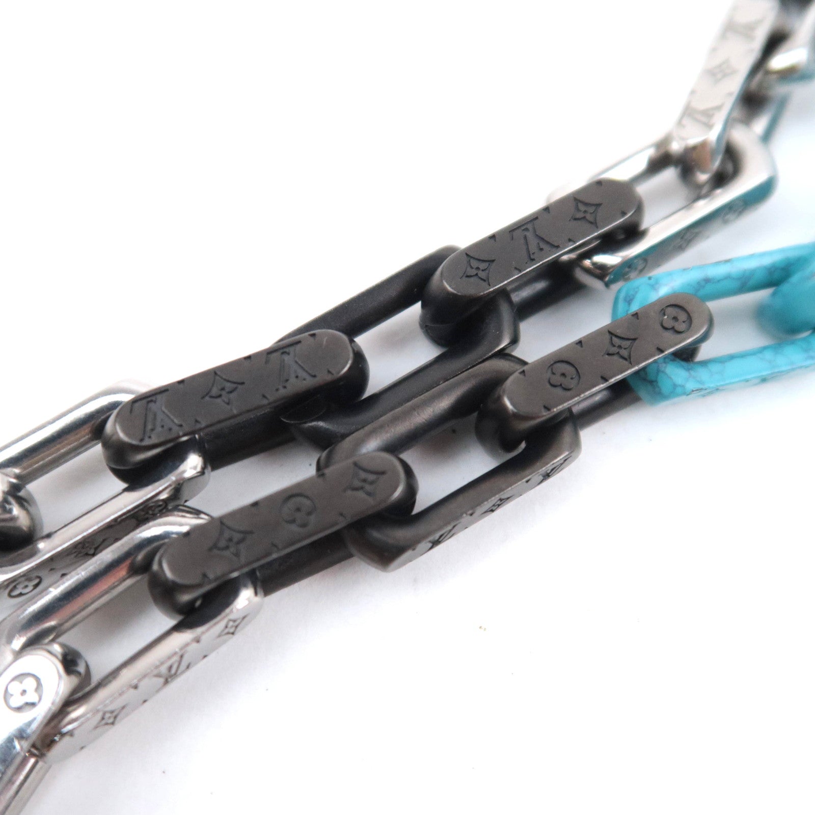 Louis Vuitton Monogram Chain Stone Necklace Black White Silver Turquoise M01293
