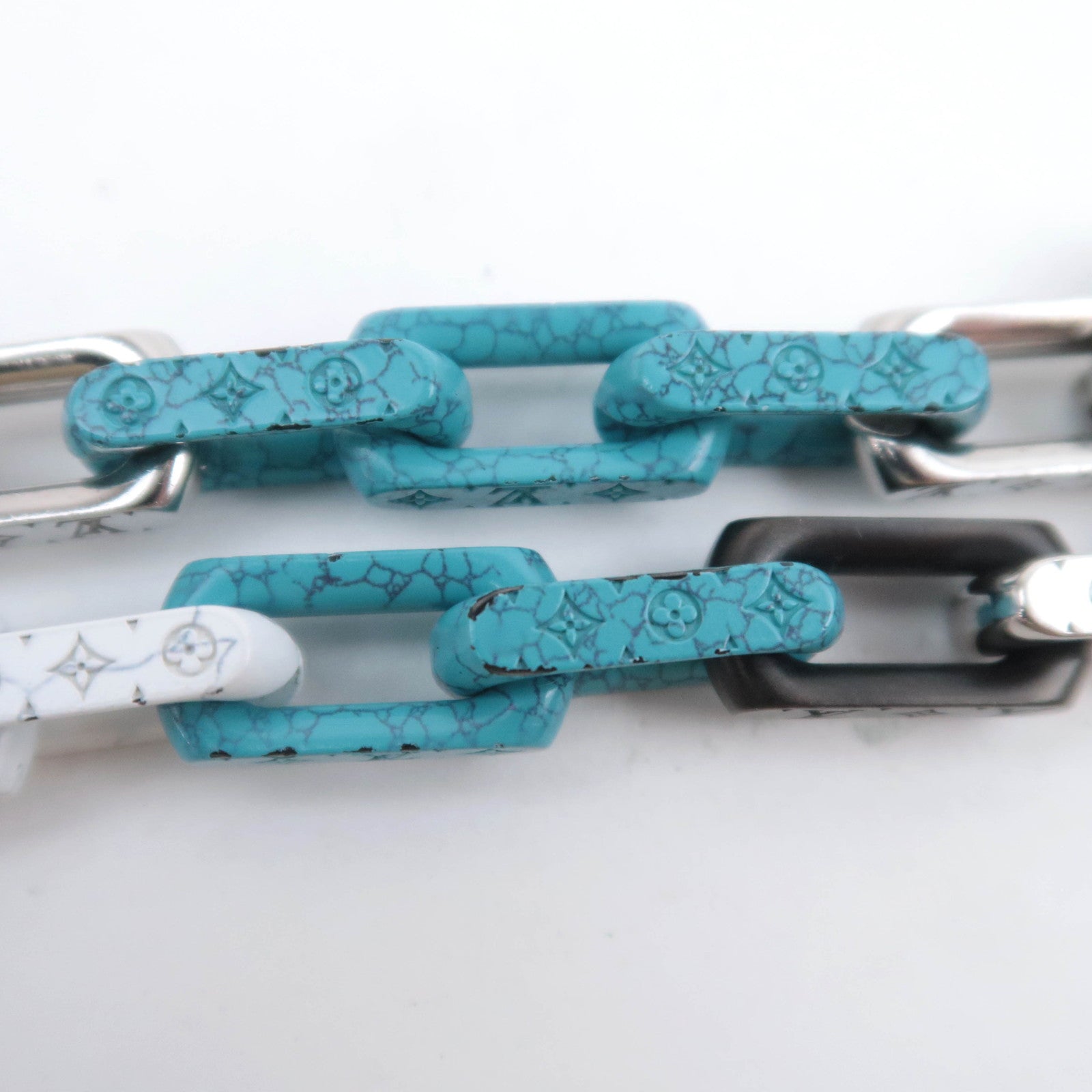Louis Vuitton Monogram Chain Stone Necklace Black White Silver Turquoise M01293