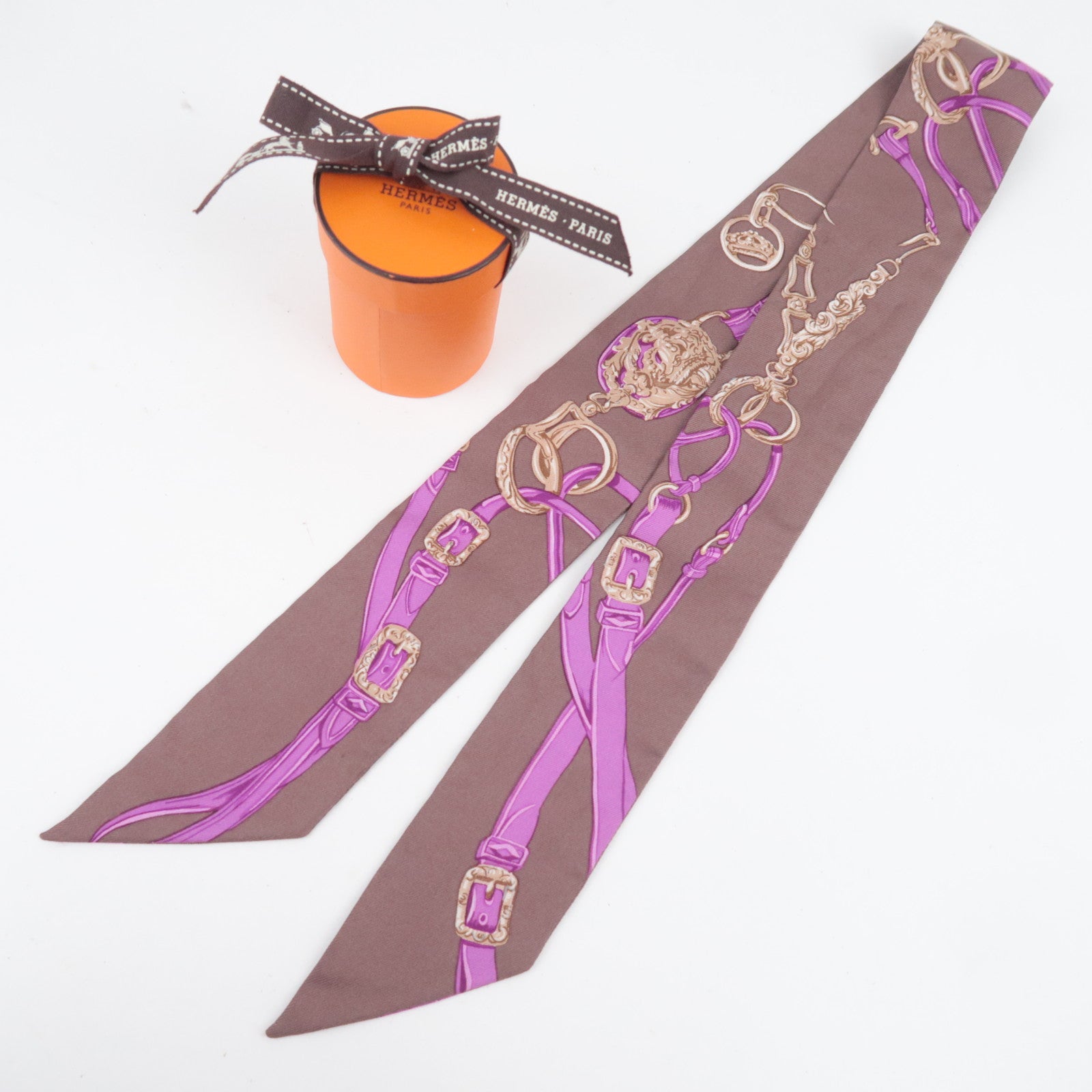 HERMES Twilly Scarf BRIDES de GALA 100% Silk Brown Purple