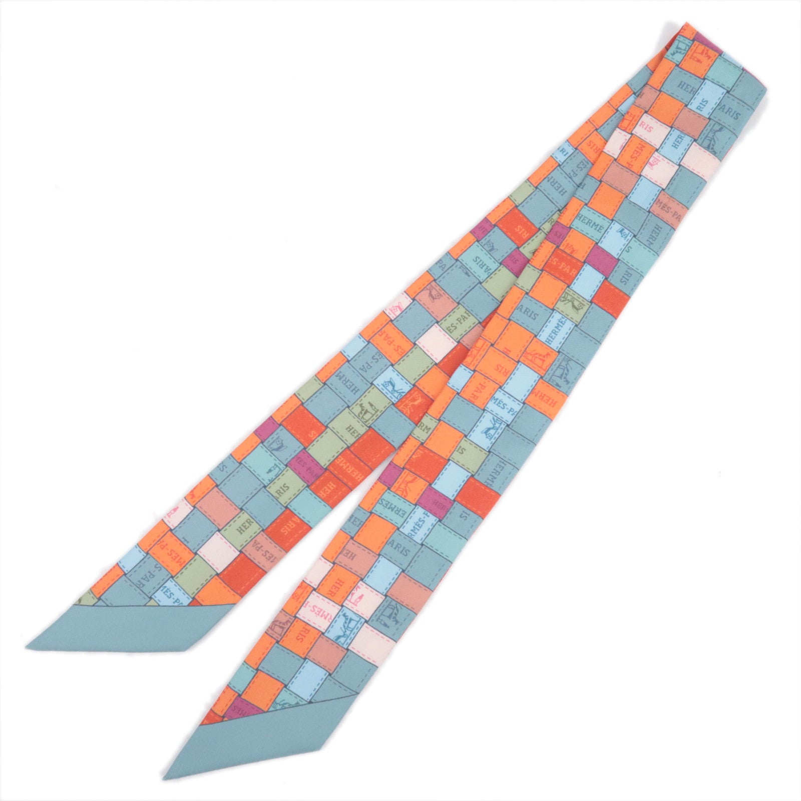 HERMES Twilly Scarf Bolduc au Carre 100% Silk Orange Blue90903
