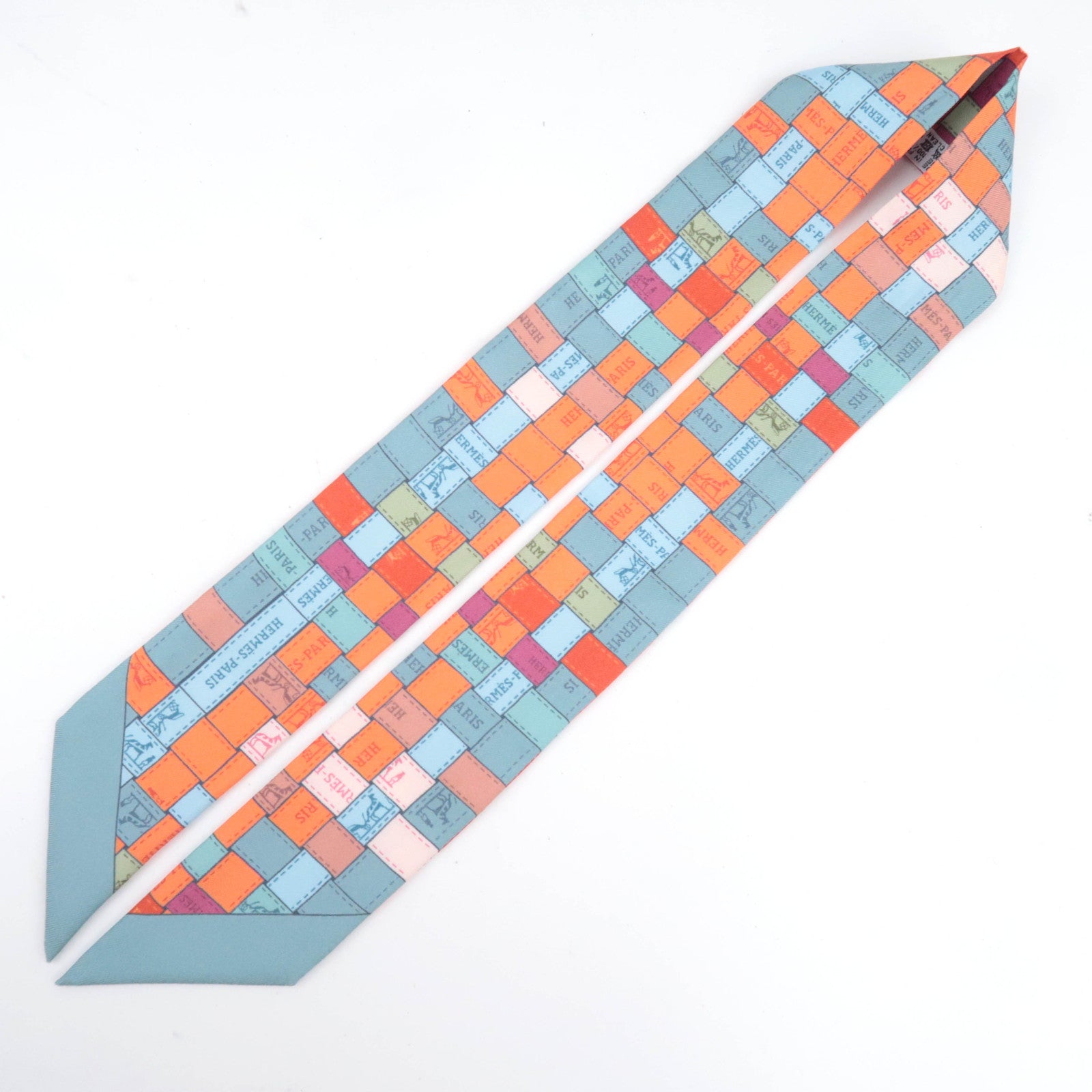 HERMES Twilly Scarf Bolduc au Carre 100% Silk Orange Blue