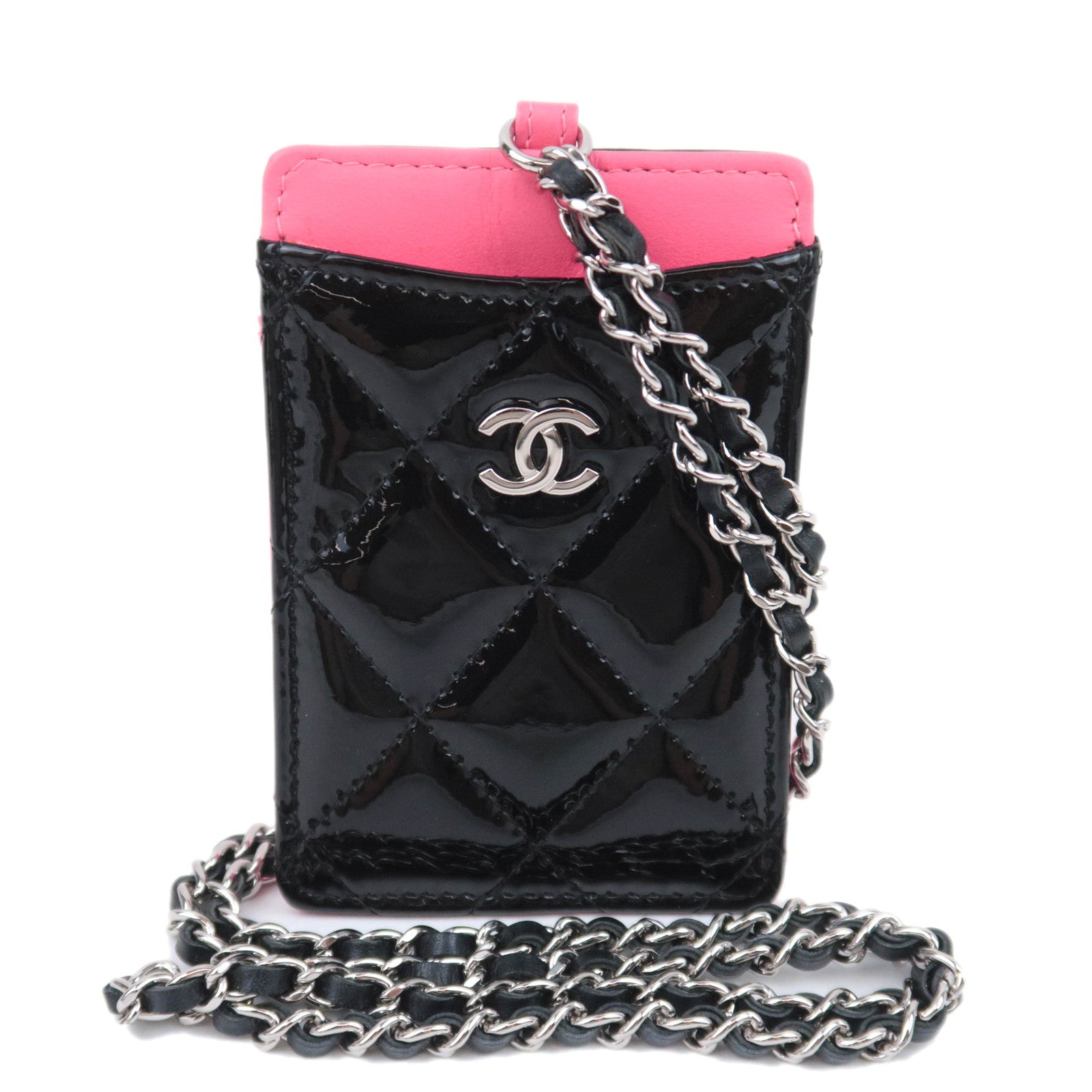 CHANEL Matelasse Patent Leather Chain Pass Case Holder Black Pink Silver HDW 90913