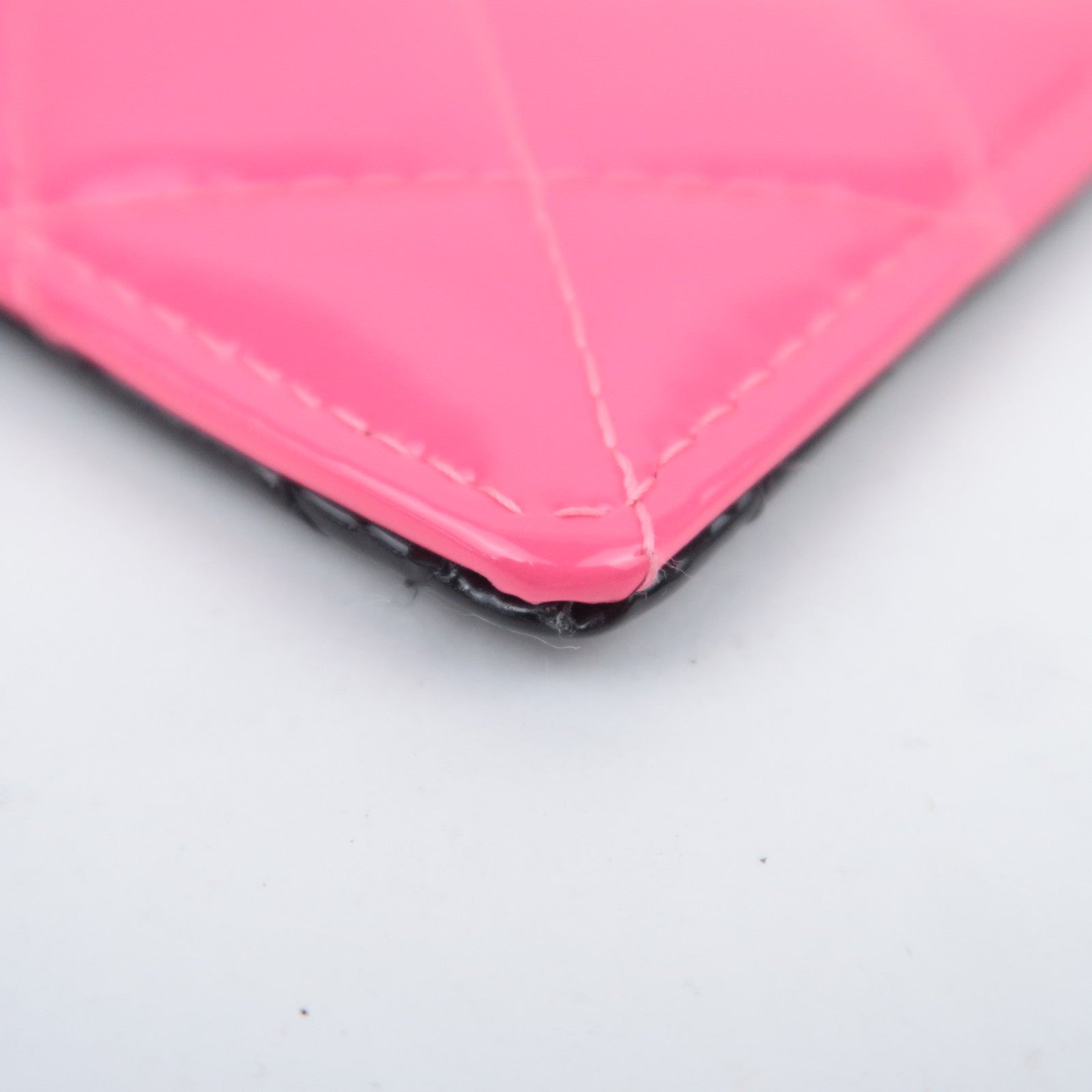 CHANEL Matelasse Patent Leather Chain Pass Case Holder Black Pink Silver HDW