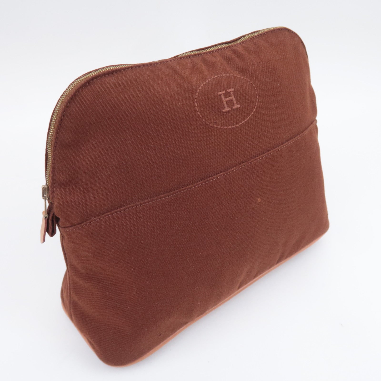 HERMES Bolide Pouch GM (30) Canvas Leather Clutch Bag Brown