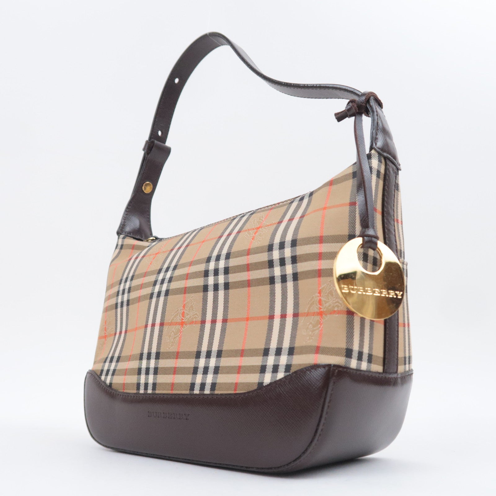 BURBERRY Nova Plaid Canvas Leather Shoulder Bag Beige Brown